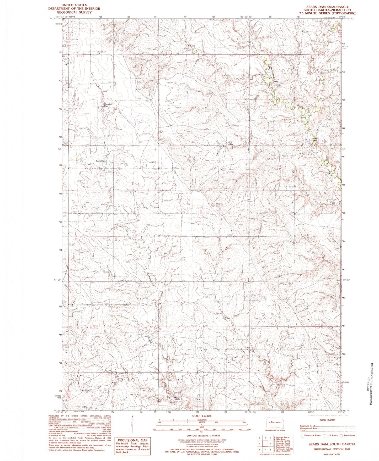 Classic USGS Sears Dam South Dakota 7.5'x7.5' Topo Map Image