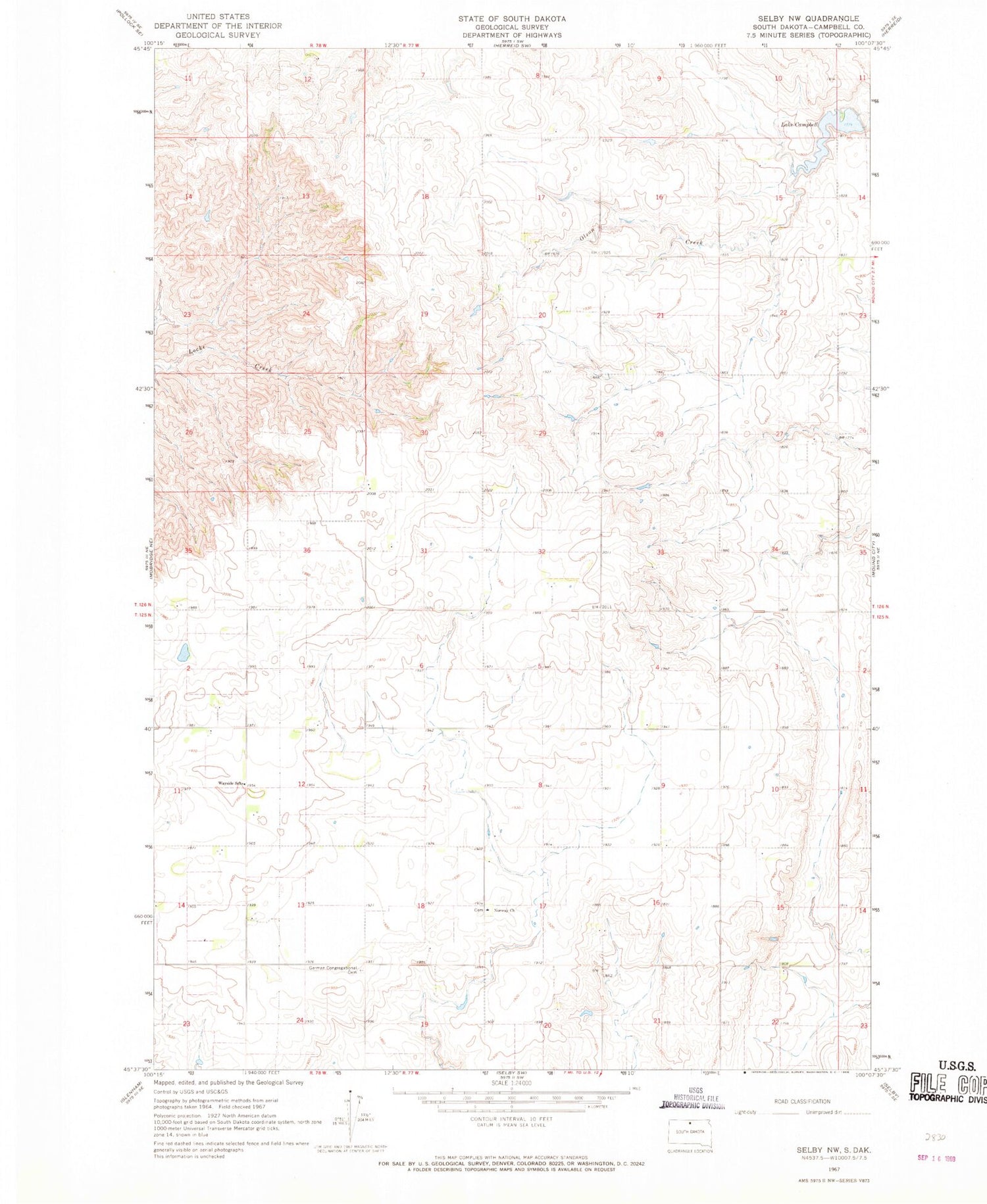 Classic USGS Selby NW South Dakota 7.5'x7.5' Topo Map Image