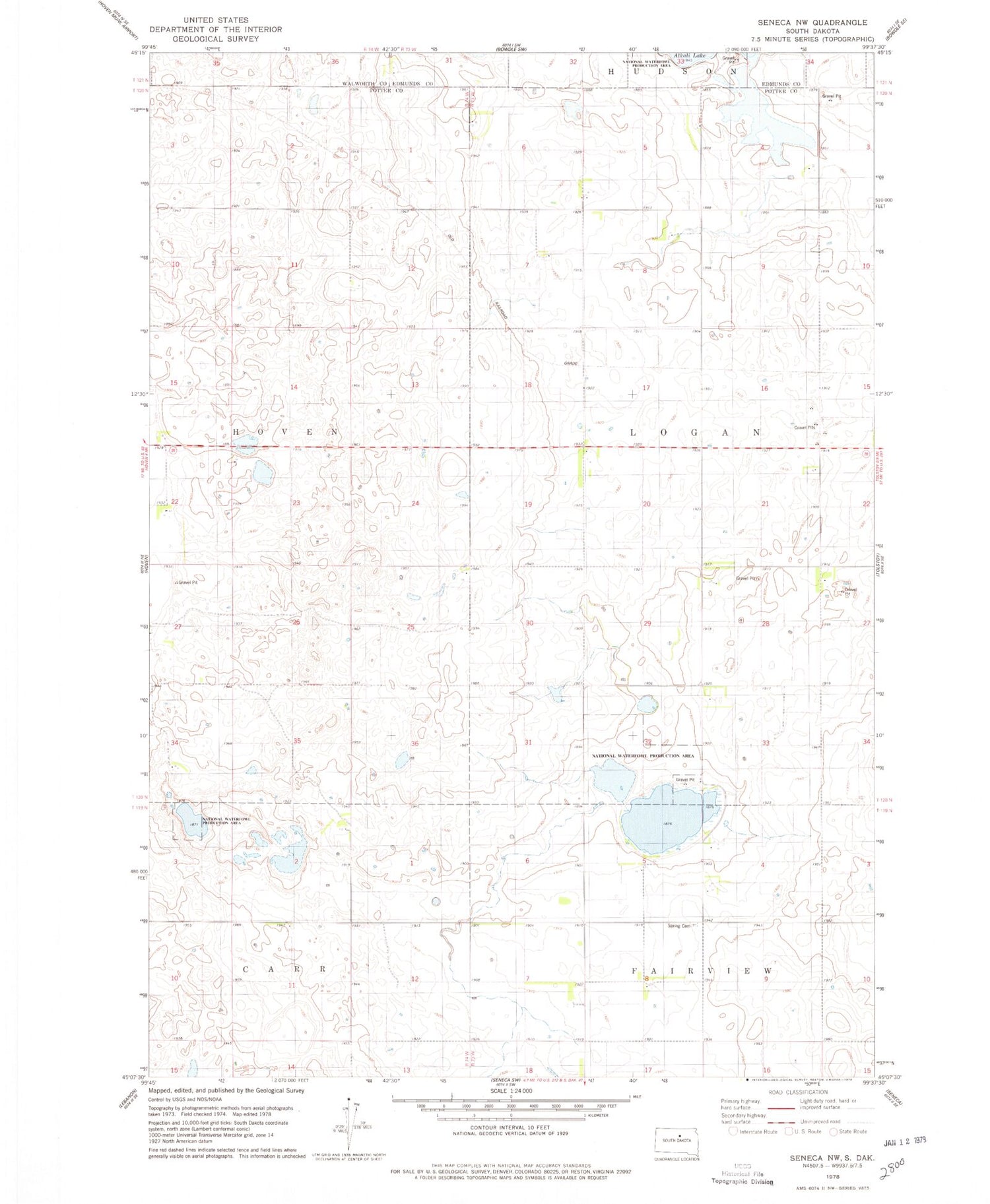 Classic USGS Seneca NW South Dakota 7.5'x7.5' Topo Map Image
