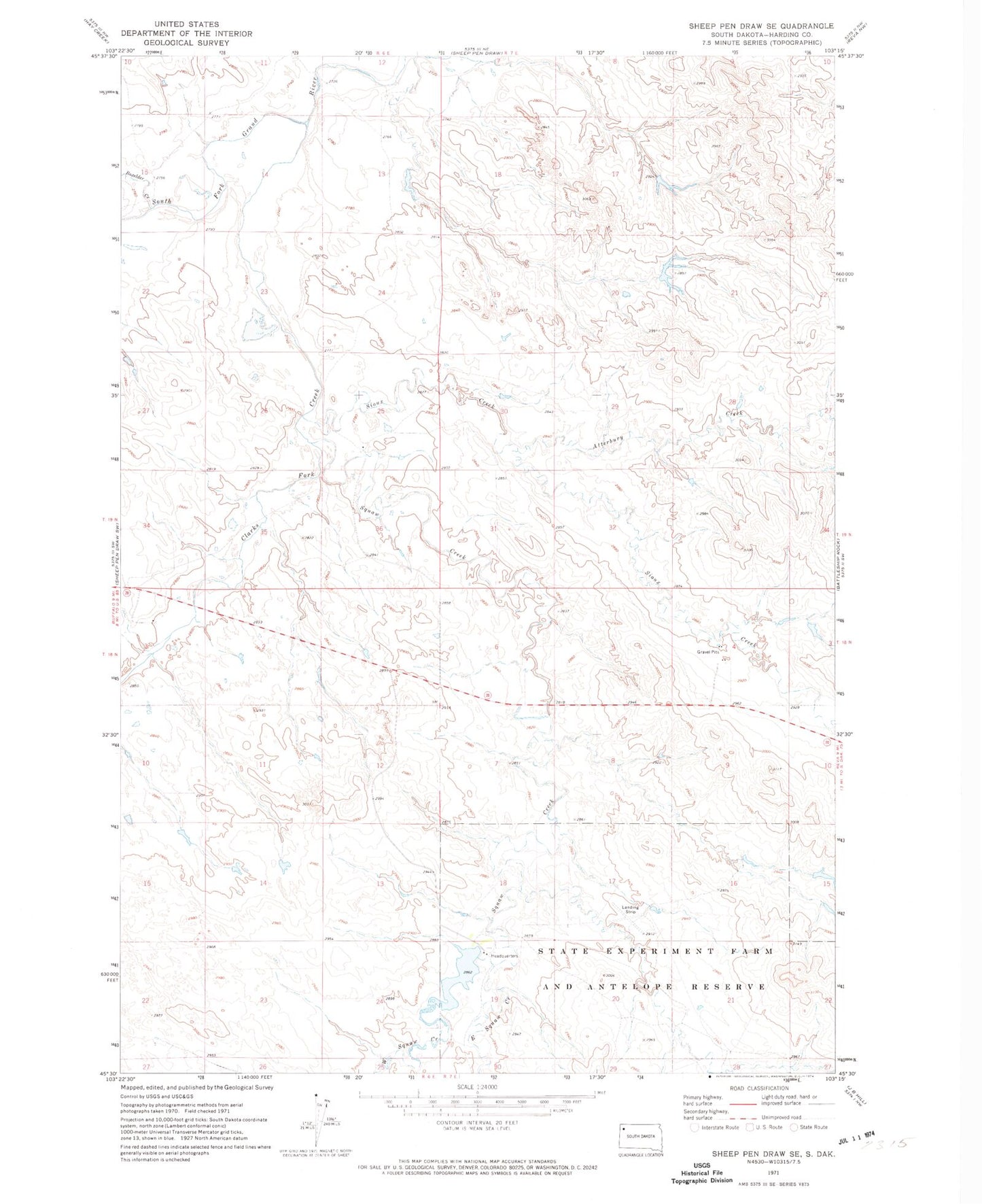 Classic USGS Sheep Pen Draw SE South Dakota 7.5'x7.5' Topo Map Image