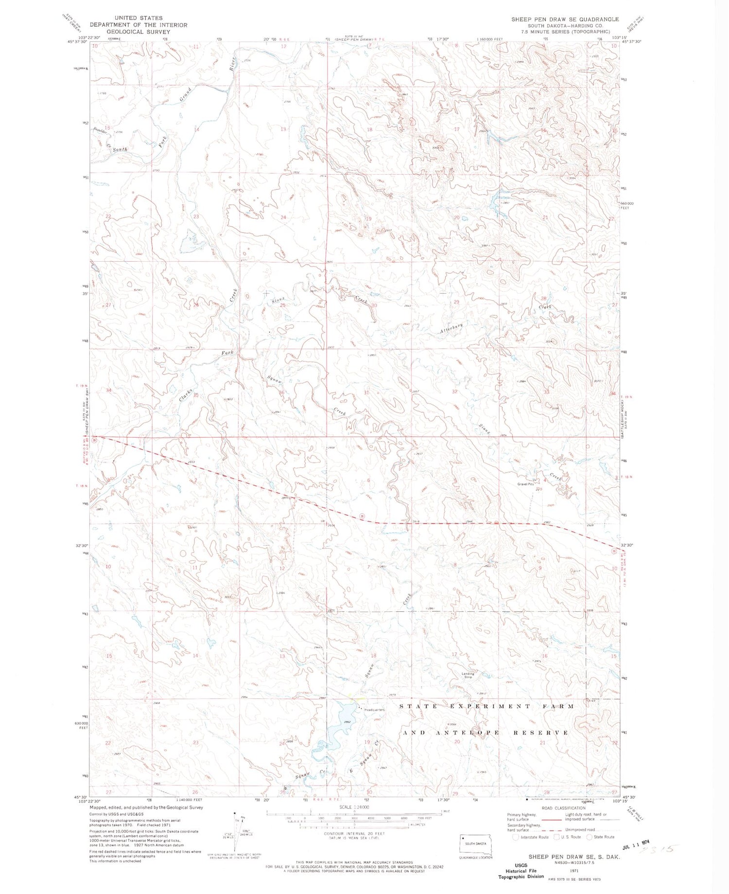 Classic USGS Sheep Pen Draw SE South Dakota 7.5'x7.5' Topo Map Image