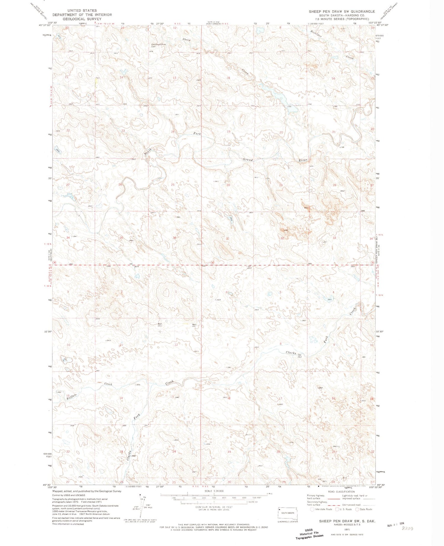 Classic USGS Sheep Pen Draw SW South Dakota 7.5'x7.5' Topo Map Image