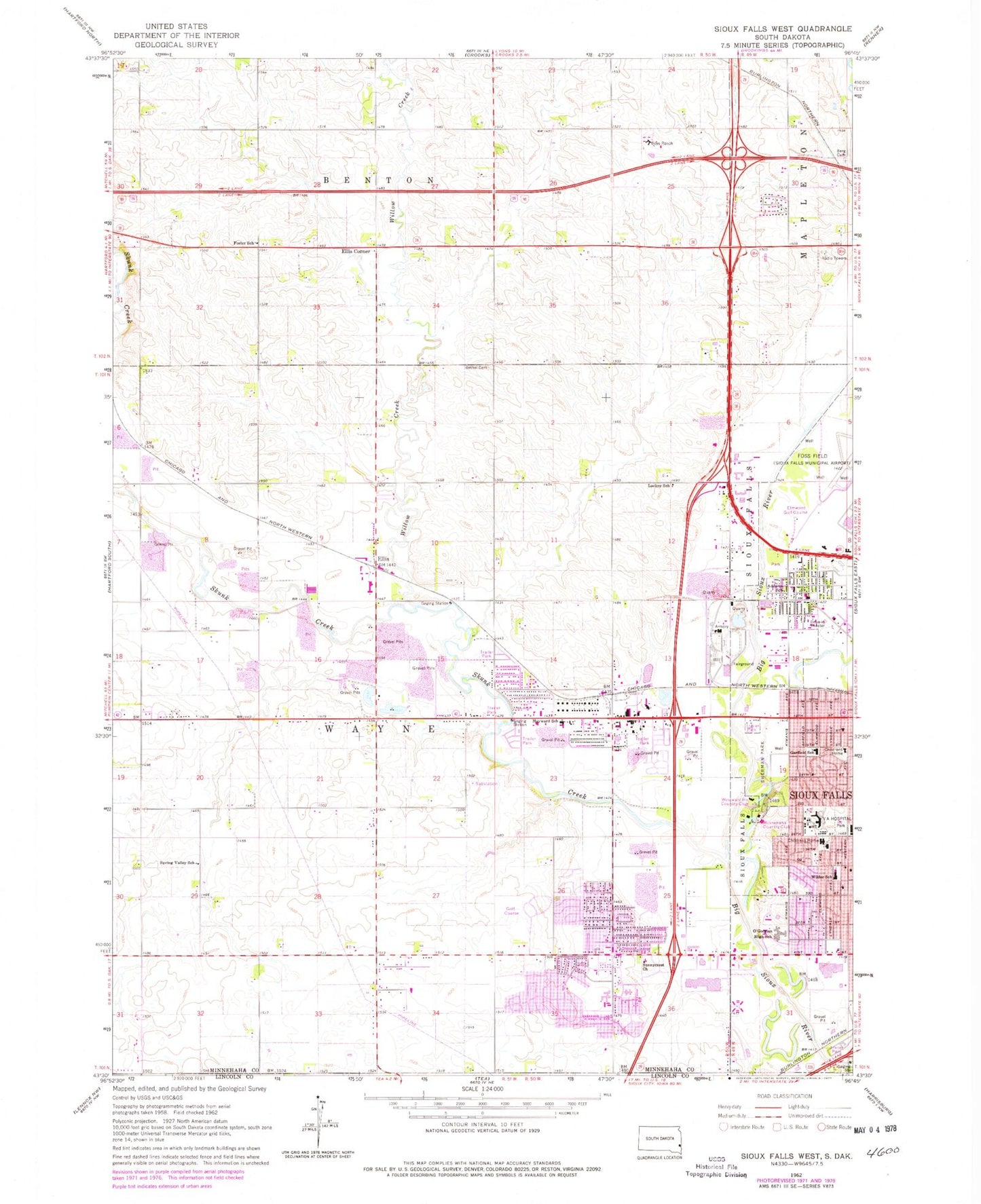 Classic USGS Sioux Falls West South Dakota 7.5'x7.5' Topo Map Image