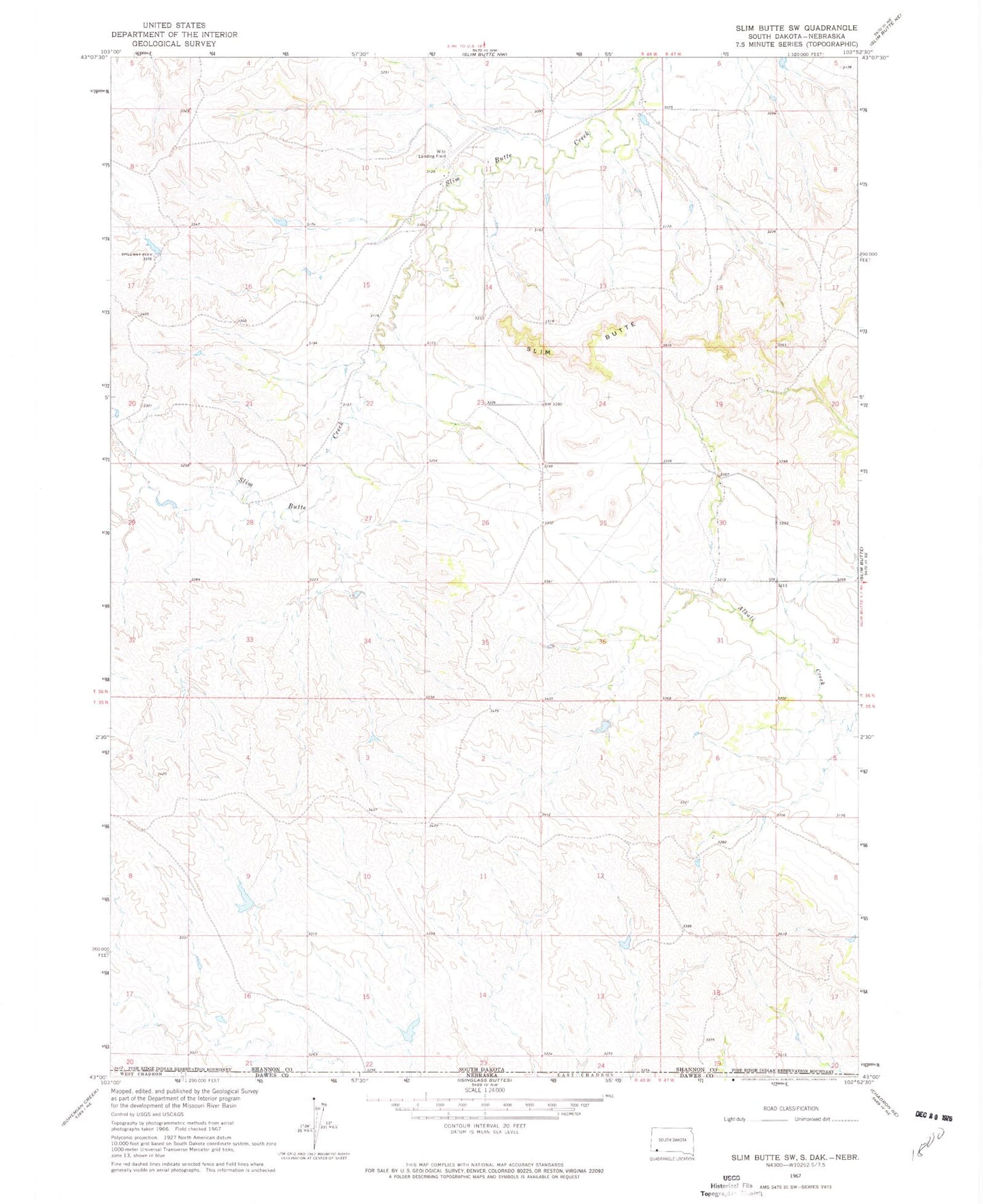 Classic USGS Slim Butte SW South Dakota 7.5'x7.5' Topo Map Image