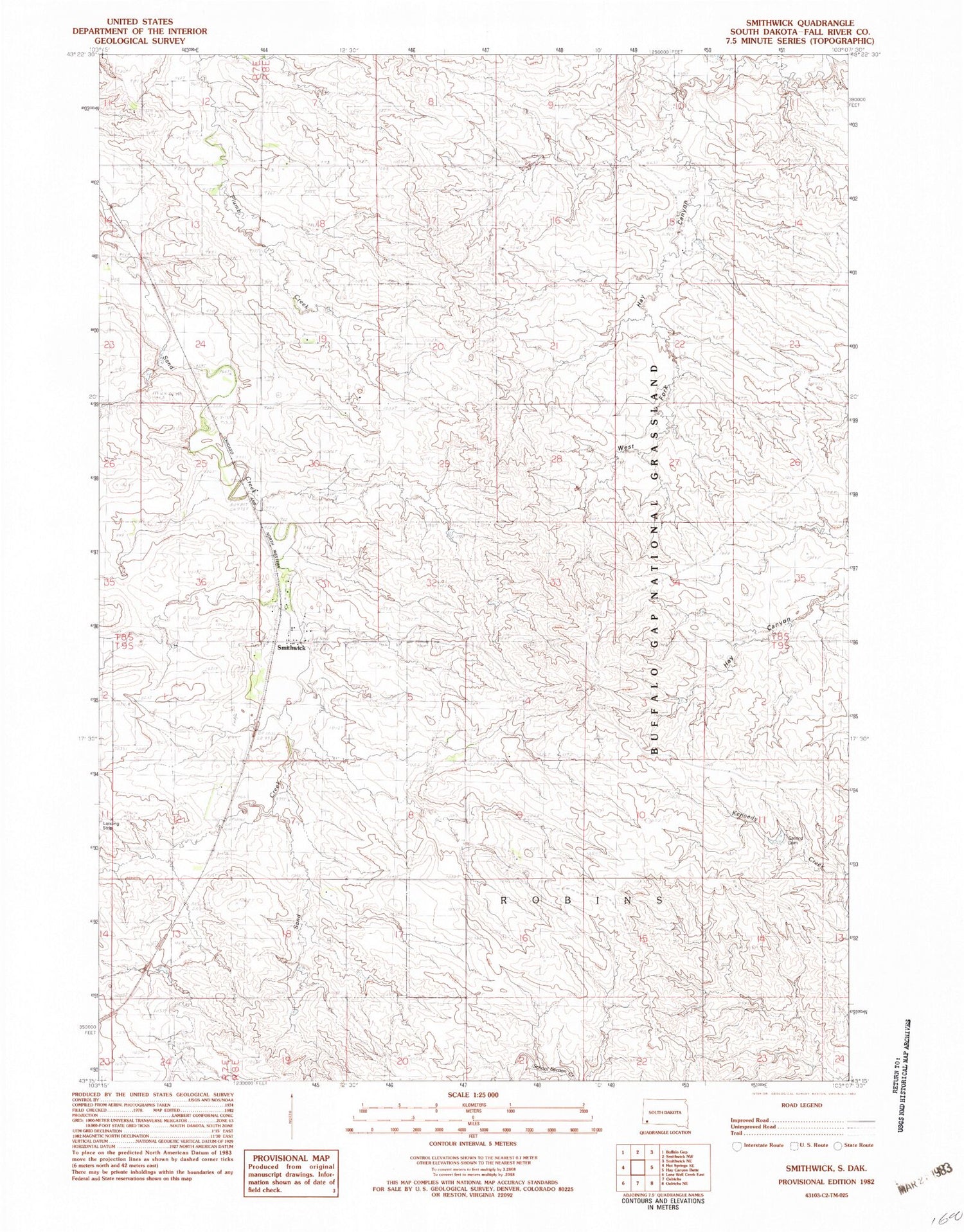 Classic USGS Smithwick South Dakota 7.5'x7.5' Topo Map Image