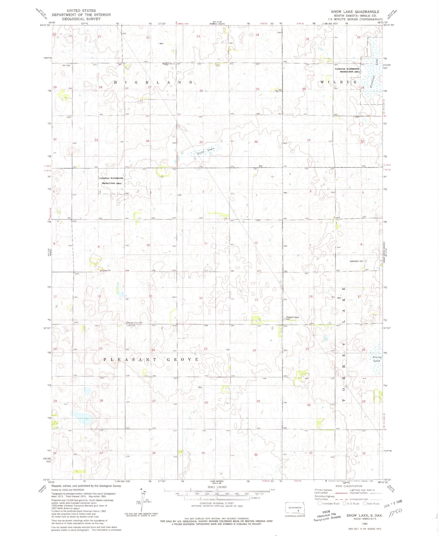 Classic USGS Snow Lake South Dakota 7.5'x7.5' Topo Map Image