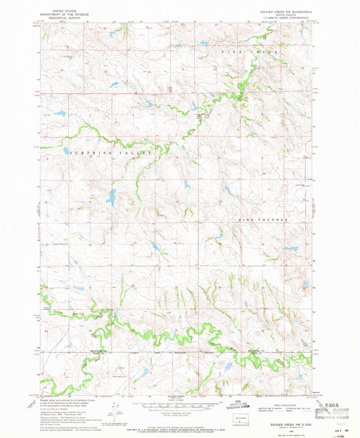 Classic USGS Soldier Creek NW South Dakota 7.5'x7.5' Topo Map Image