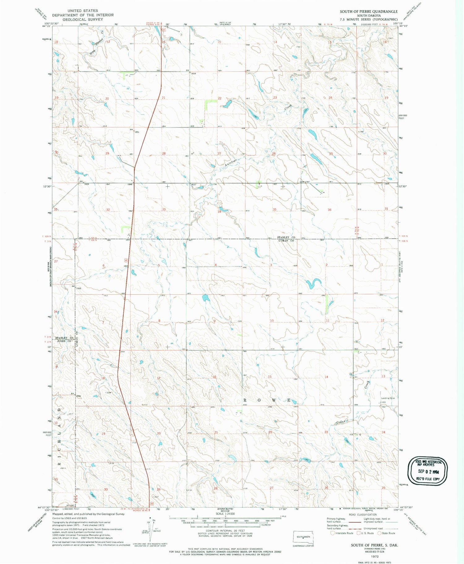Classic USGS South of Pierre South Dakota 7.5'x7.5' Topo Map Image
