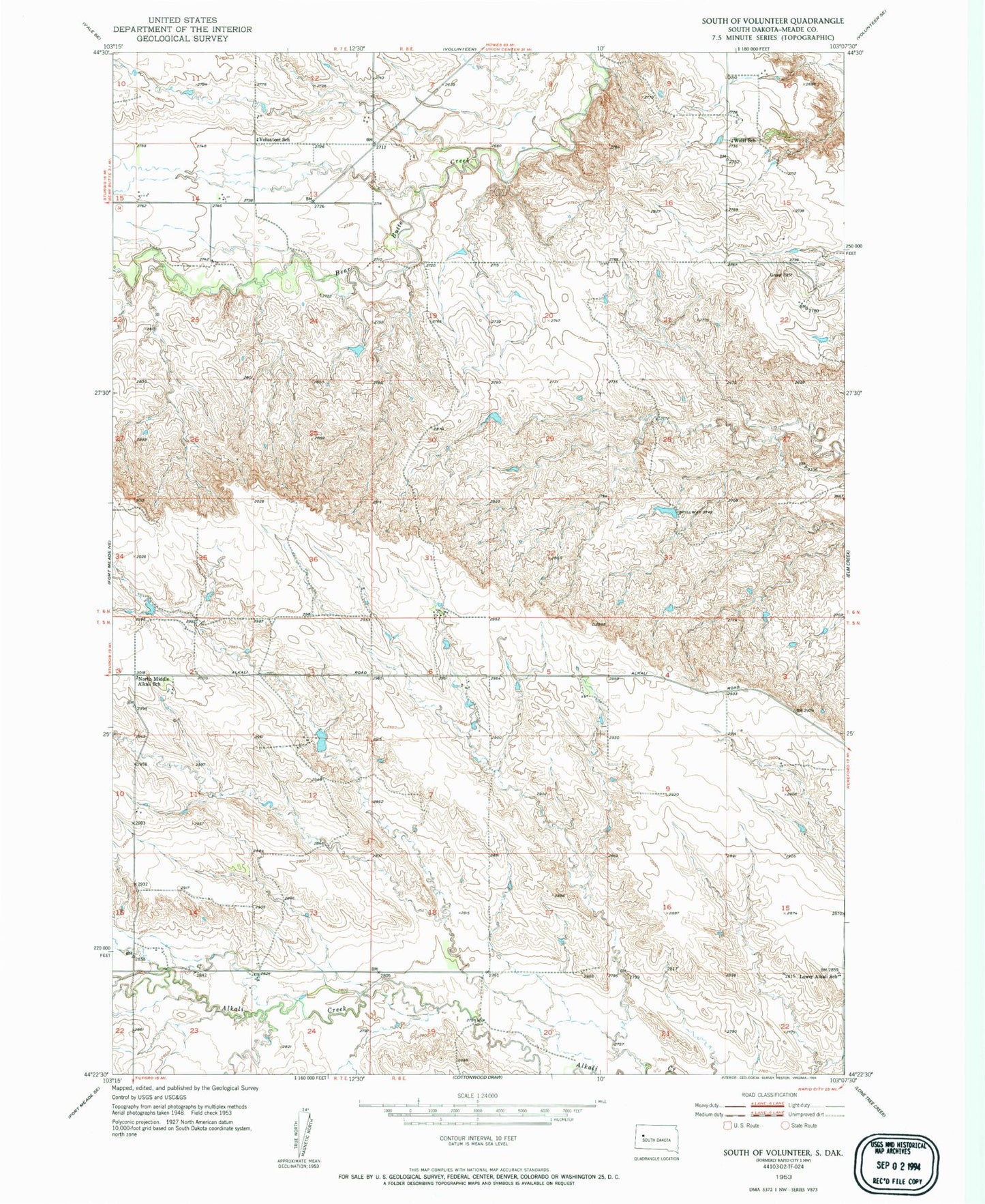 Classic USGS South of Volunteer South Dakota 7.5'x7.5' Topo Map Image