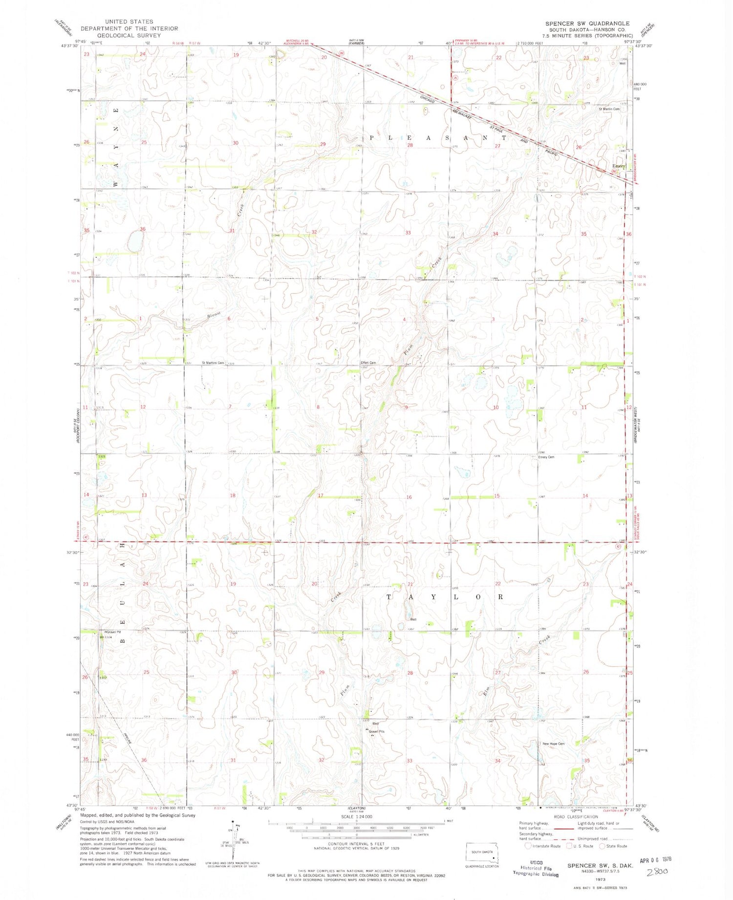 Classic USGS Spencer SW South Dakota 7.5'x7.5' Topo Map Image