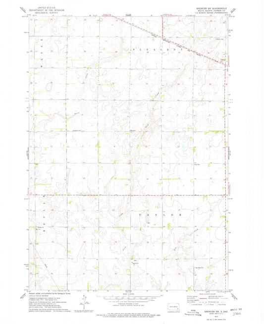 Classic USGS Spencer SW South Dakota 7.5'x7.5' Topo Map Image