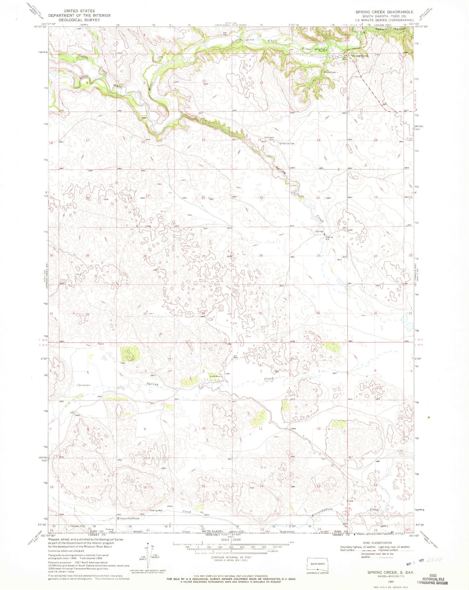 Classic USGS Spring Creek South Dakota 7.5'x7.5' Topo Map Image