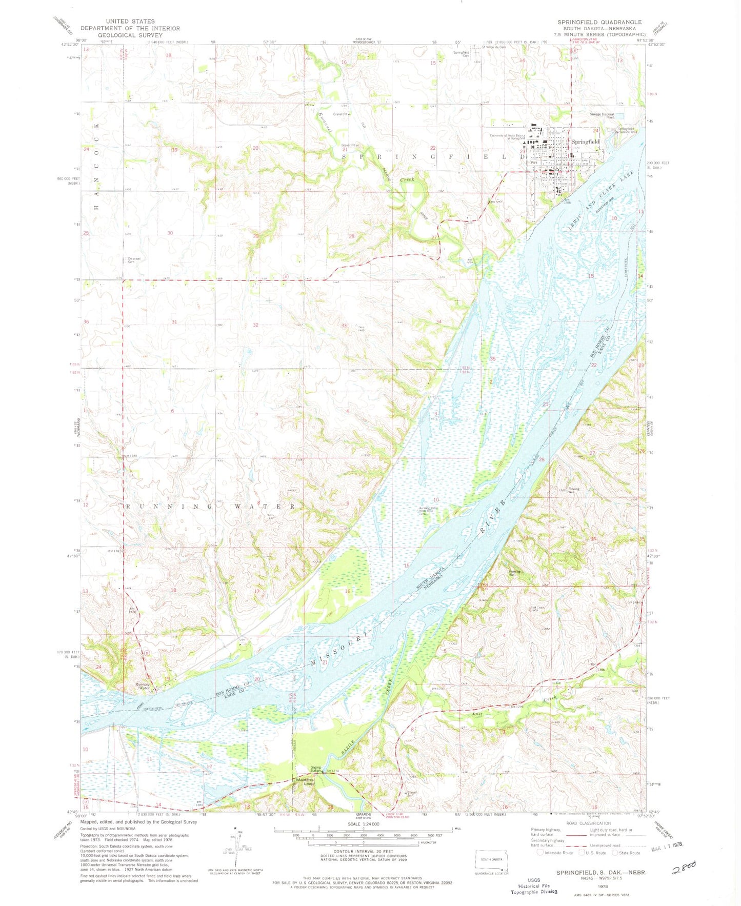 Classic USGS Springfield South Dakota 7.5'x7.5' Topo Map Image