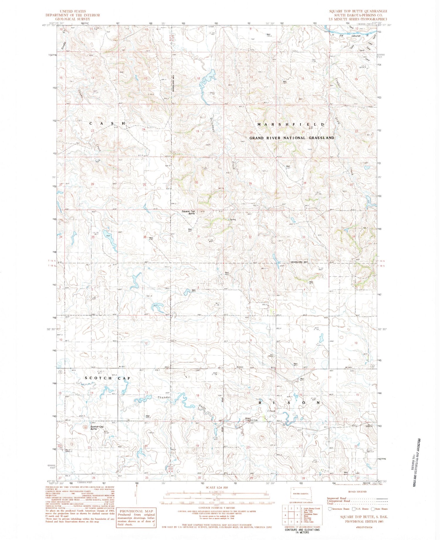 Classic USGS Square Top Butte South Dakota 7.5'x7.5' Topo Map Image