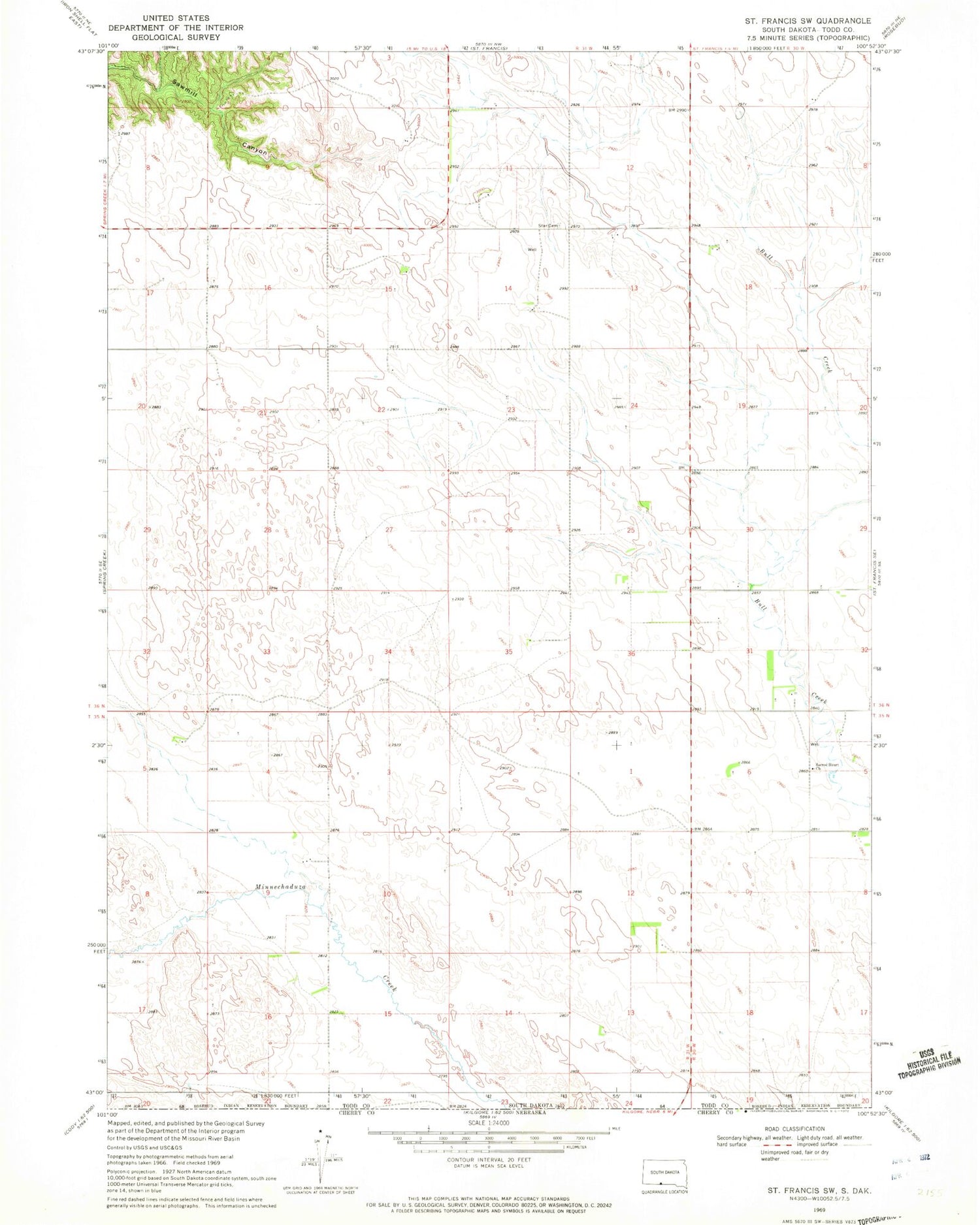 Classic USGS Saint Francis SW South Dakota 7.5'x7.5' Topo Map Image