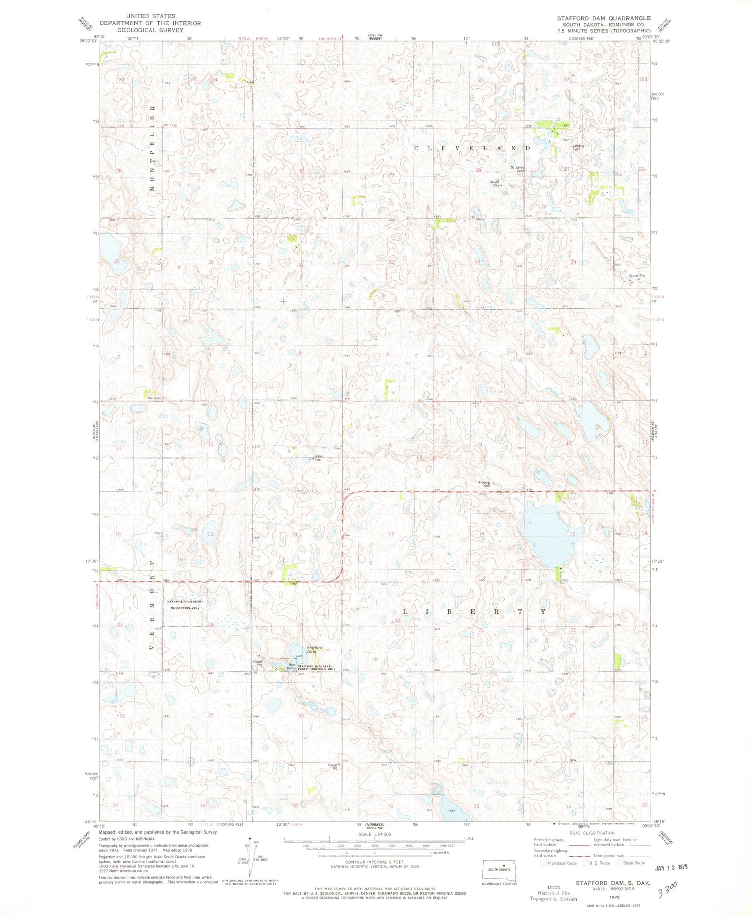 Classic USGS Stafford Dam South Dakota 7.5'x7.5' Topo Map Image