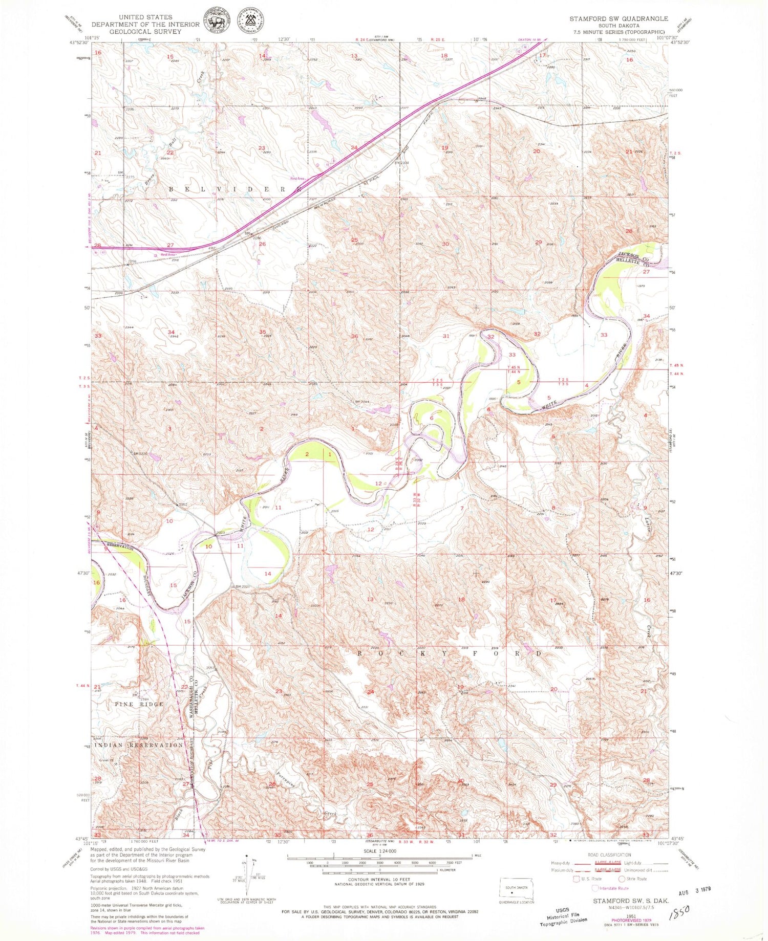 Classic USGS Stamford SW South Dakota 7.5'x7.5' Topo Map Image