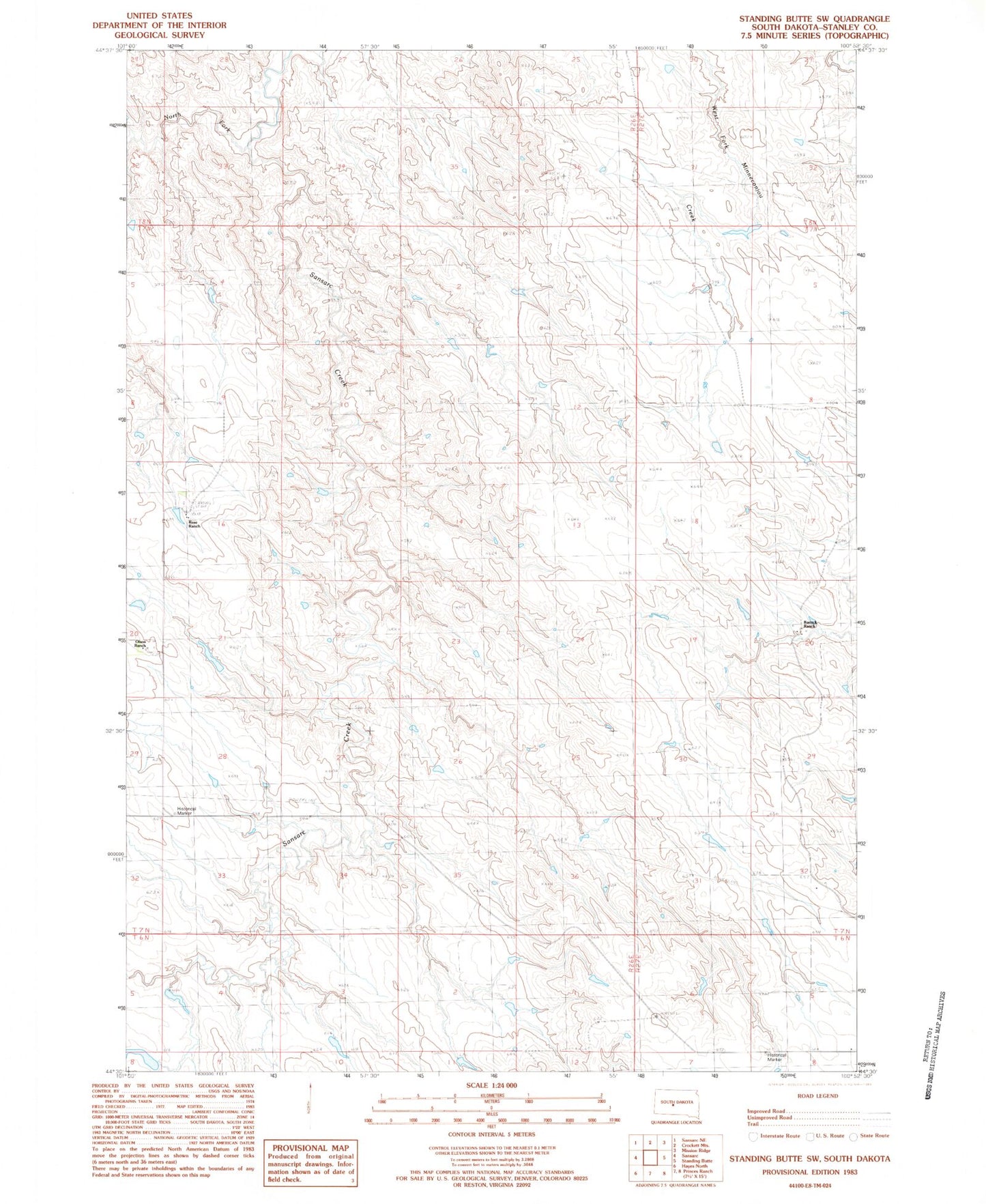 Classic USGS Standing Butte SW South Dakota 7.5'x7.5' Topo Map Image