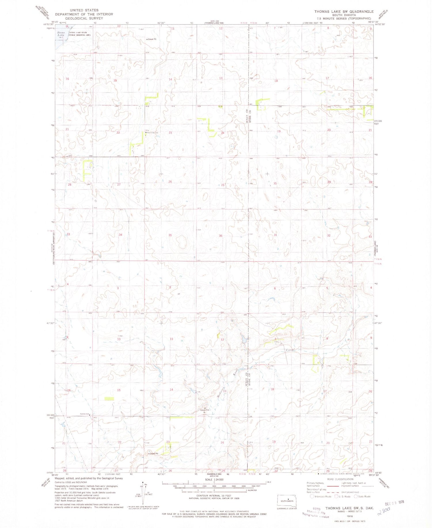 Classic USGS Thomas Lake SW South Dakota 7.5'x7.5' Topo Map Image