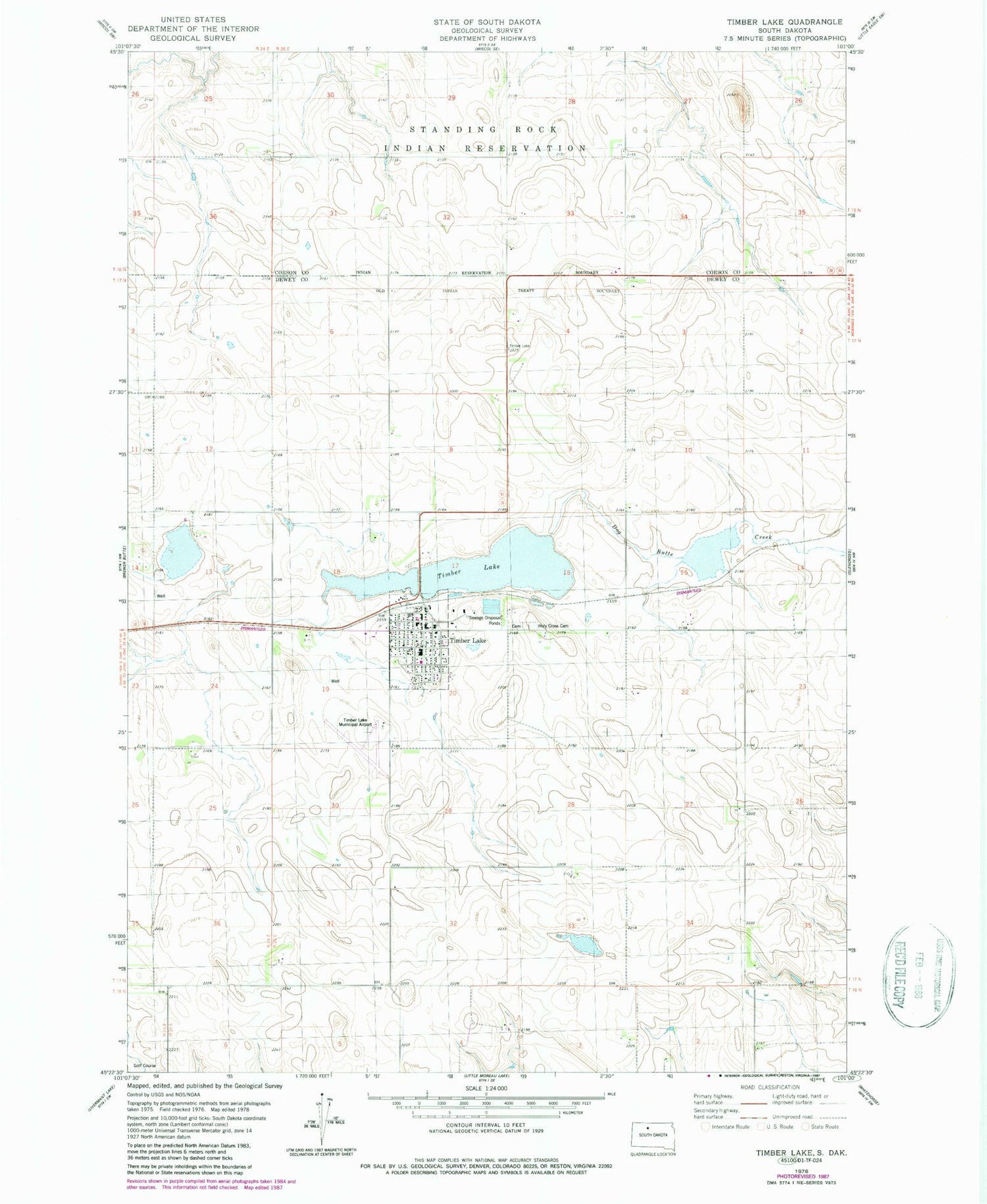 Classic USGS Timber Lake South Dakota 7.5'x7.5' Topo Map Image