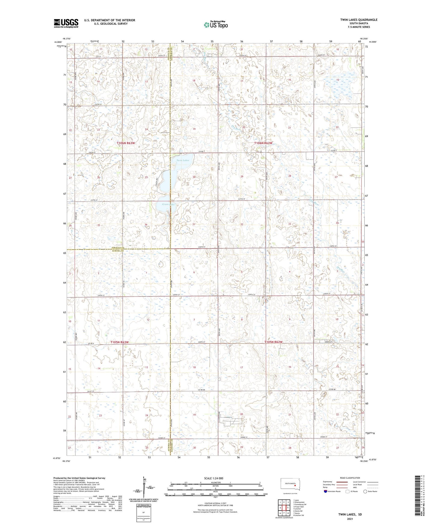 Twin Lakes South Dakota US Topo Map Image