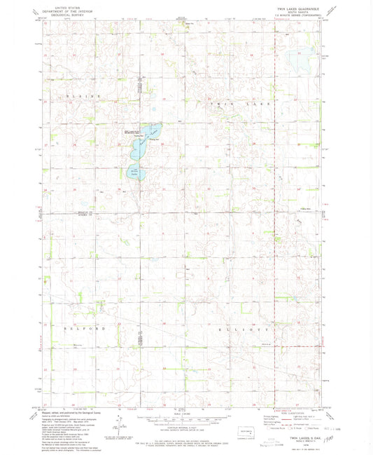 Classic USGS Twin Lakes South Dakota 7.5'x7.5' Topo Map Image