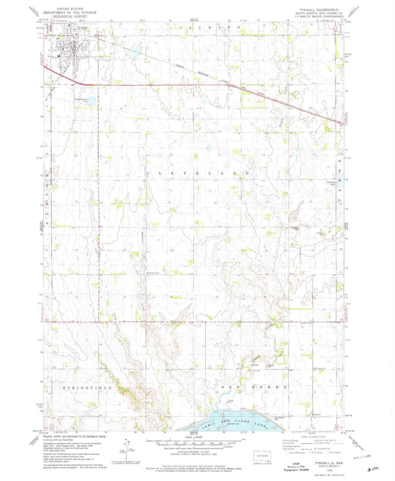 Classic USGS Tyndall South Dakota 7.5'x7.5' Topo Map Image