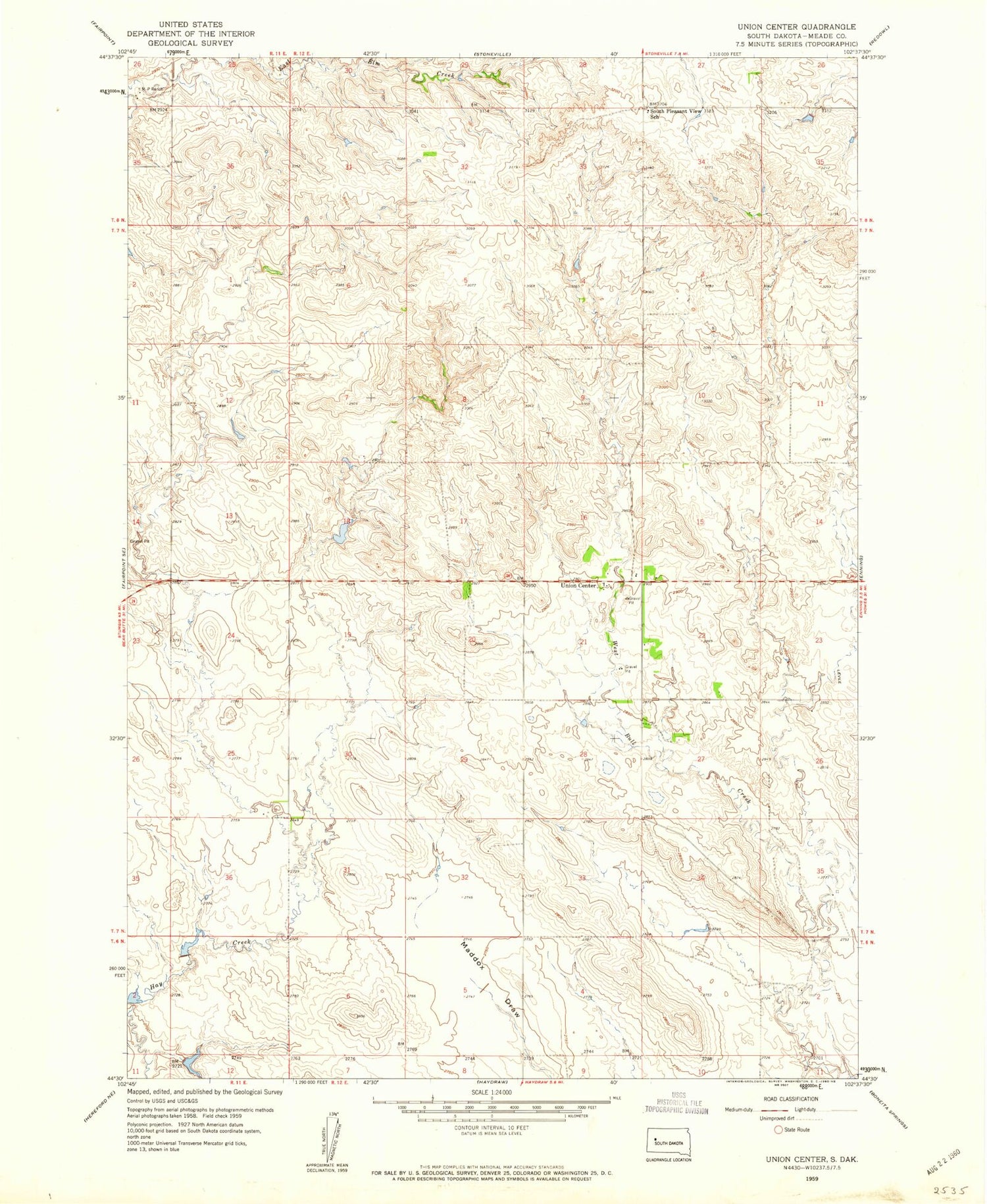 Classic USGS Union Center South Dakota 7.5'x7.5' Topo Map Image