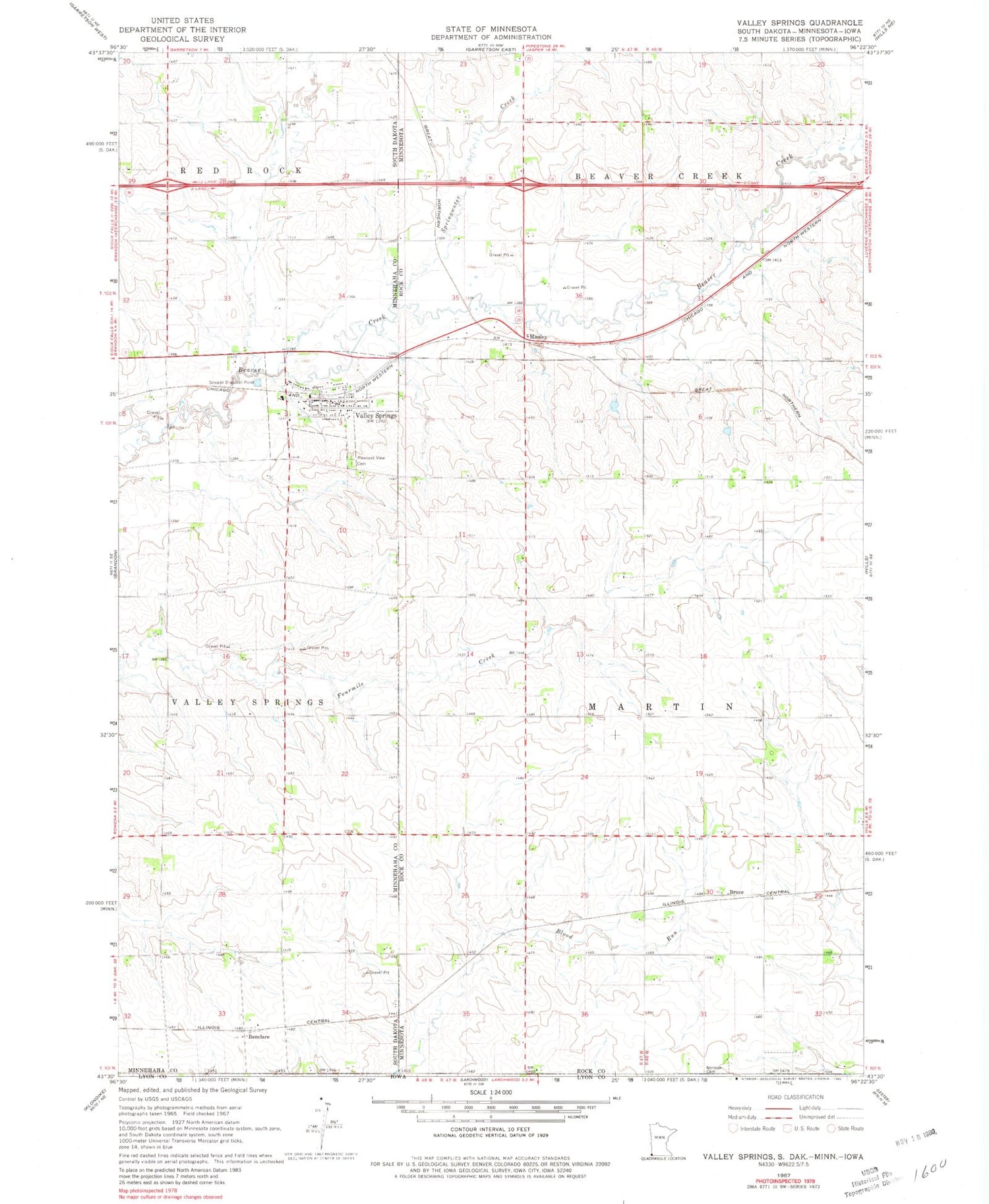 Classic USGS Valley Springs South Dakota 7.5'x7.5' Topo Map Image