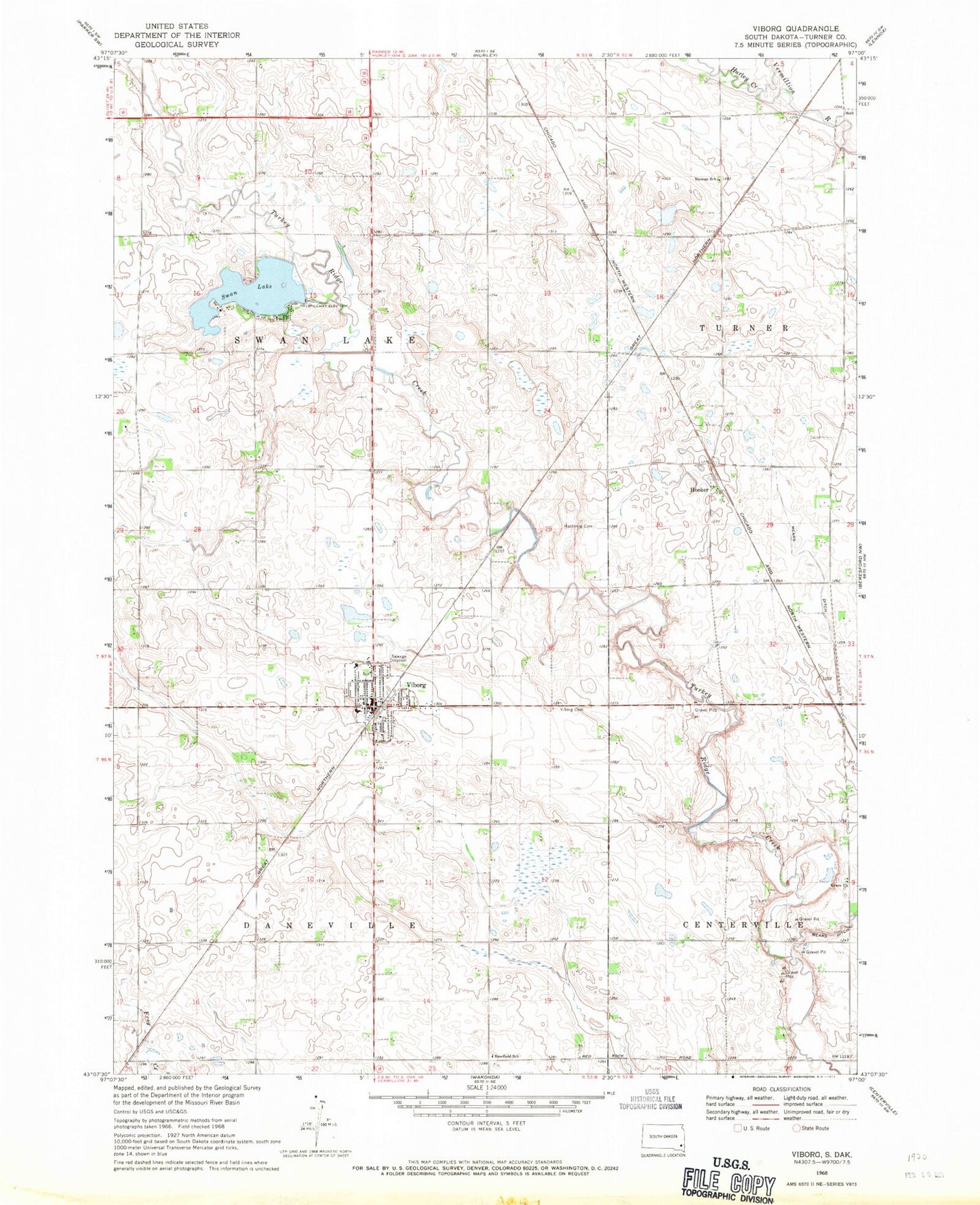 Classic USGS Viborg South Dakota 7.5'x7.5' Topo Map Image