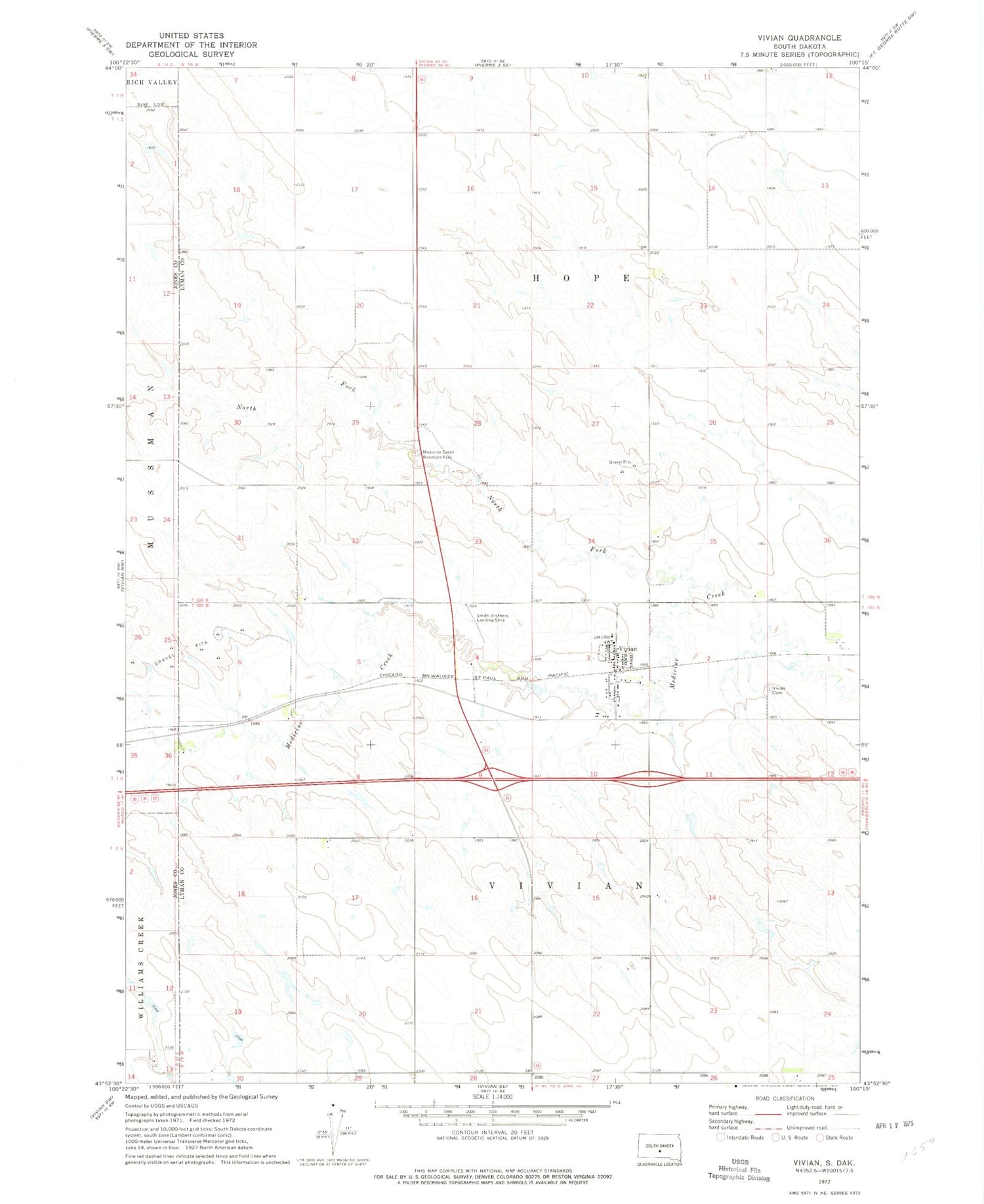 Classic USGS Vivian South Dakota 7.5'x7.5' Topo Map Image