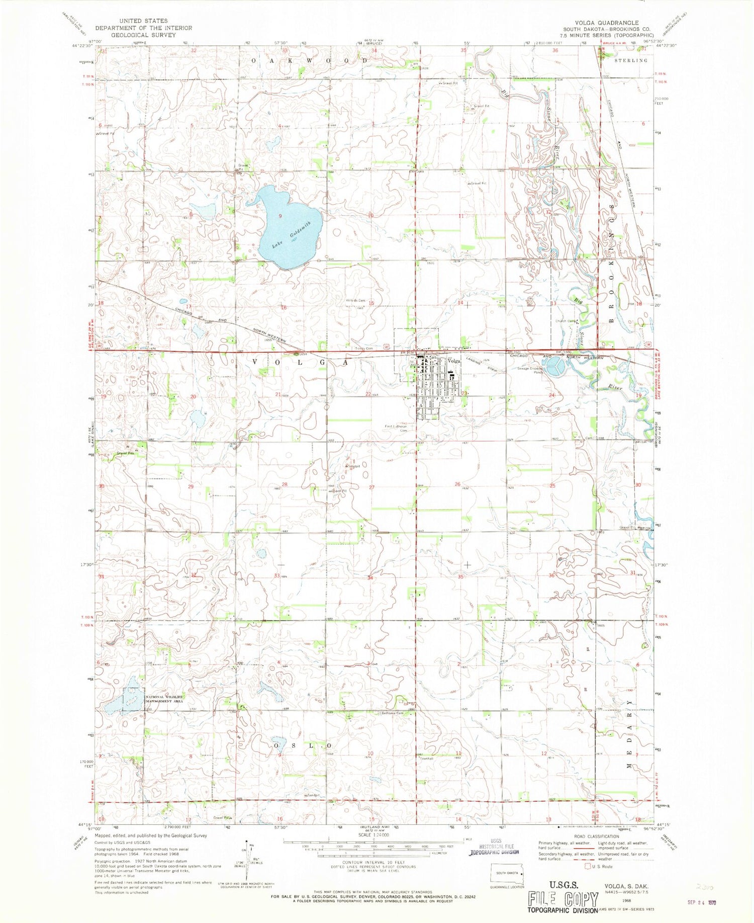 Classic USGS Volga South Dakota 7.5'x7.5' Topo Map Image