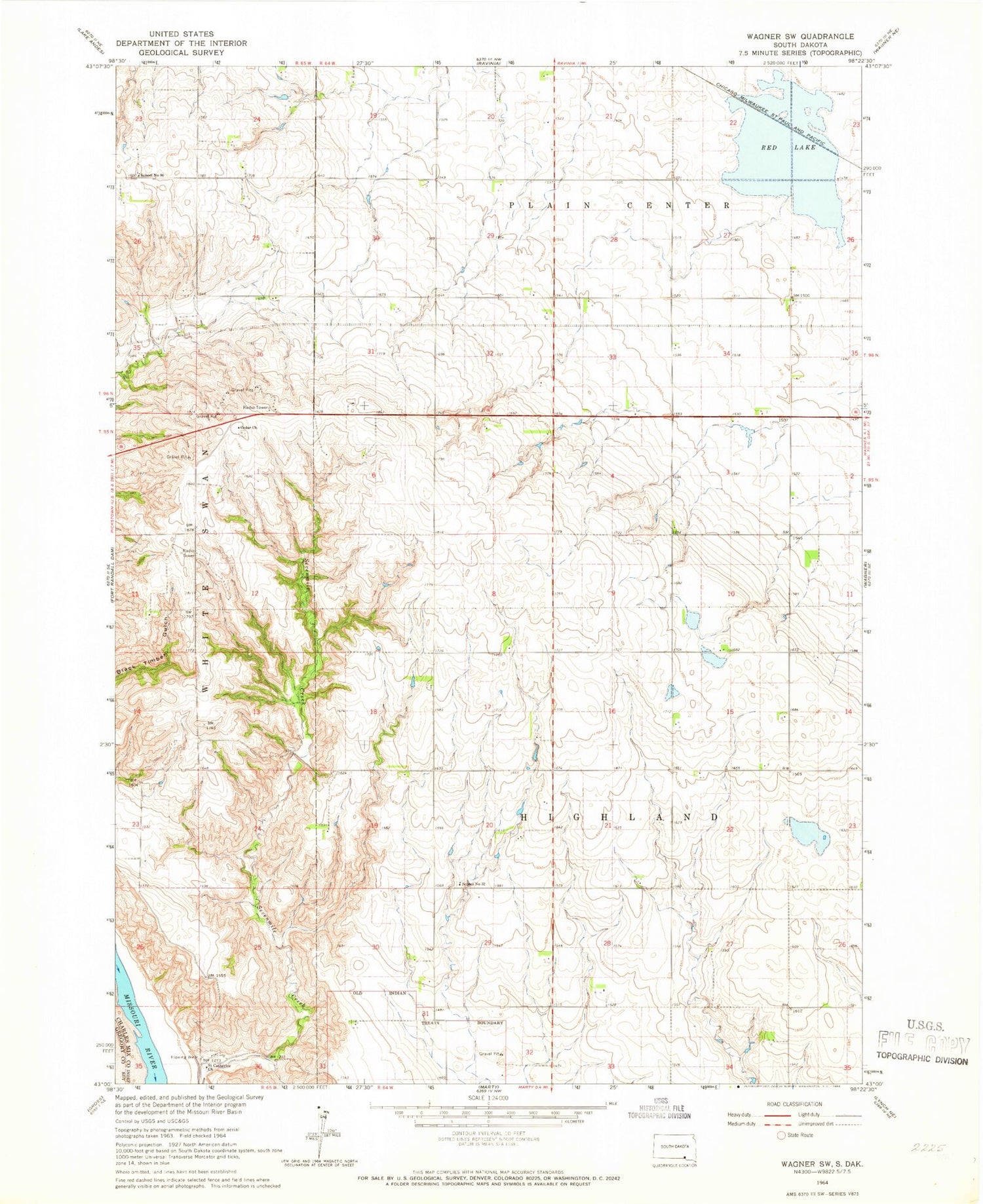 Classic USGS Wagner SW South Dakota 7.5'x7.5' Topo Map Image