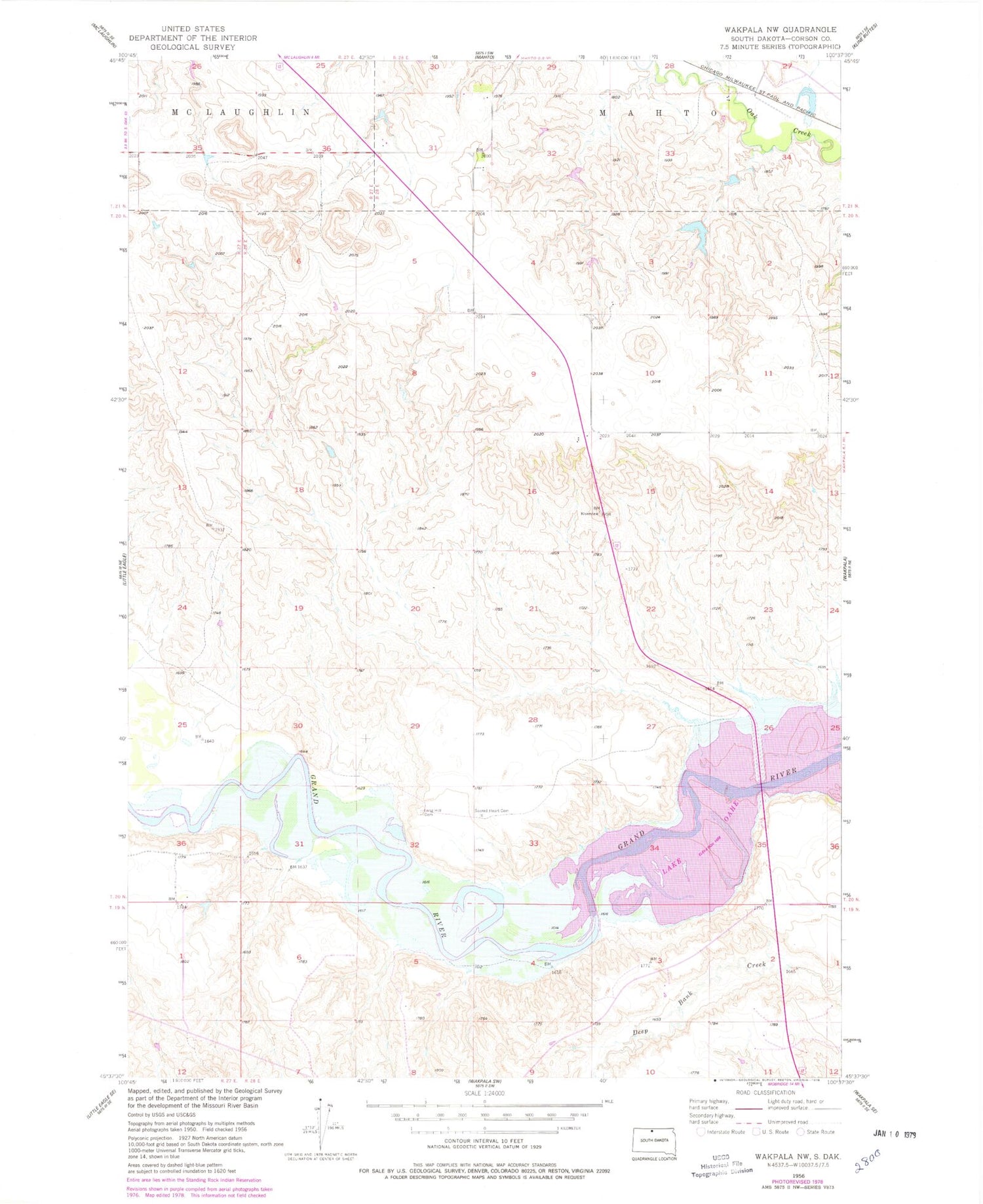 Classic USGS Wakpala NW South Dakota 7.5'x7.5' Topo Map Image