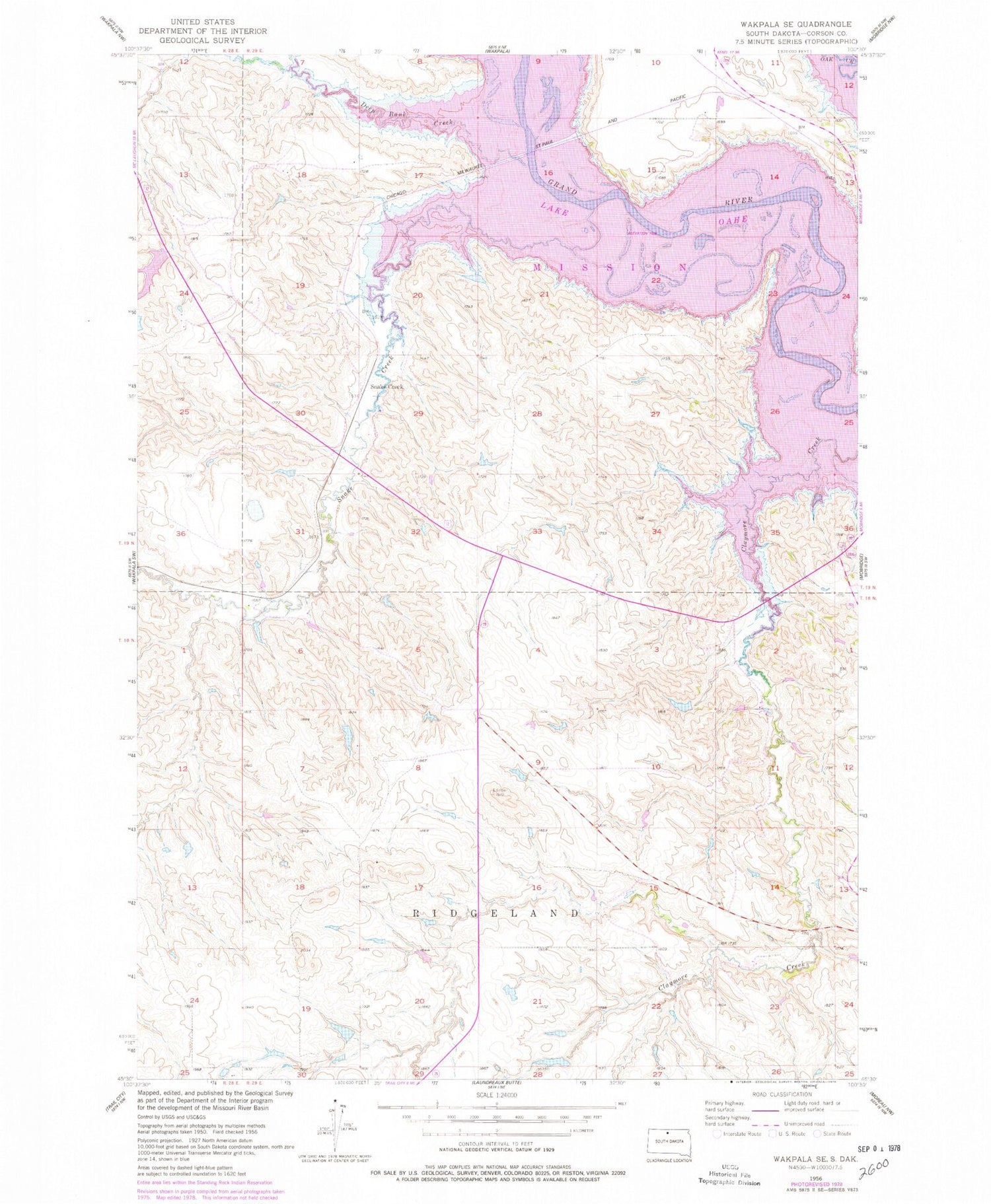 Classic USGS Wakpala SE South Dakota 7.5'x7.5' Topo Map Image