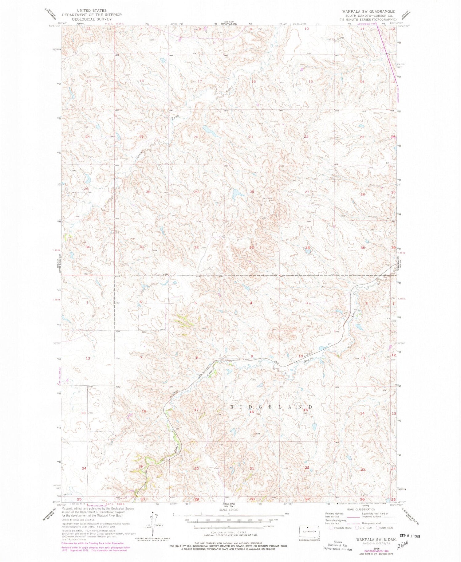 Classic USGS Wakpala SW South Dakota 7.5'x7.5' Topo Map Image