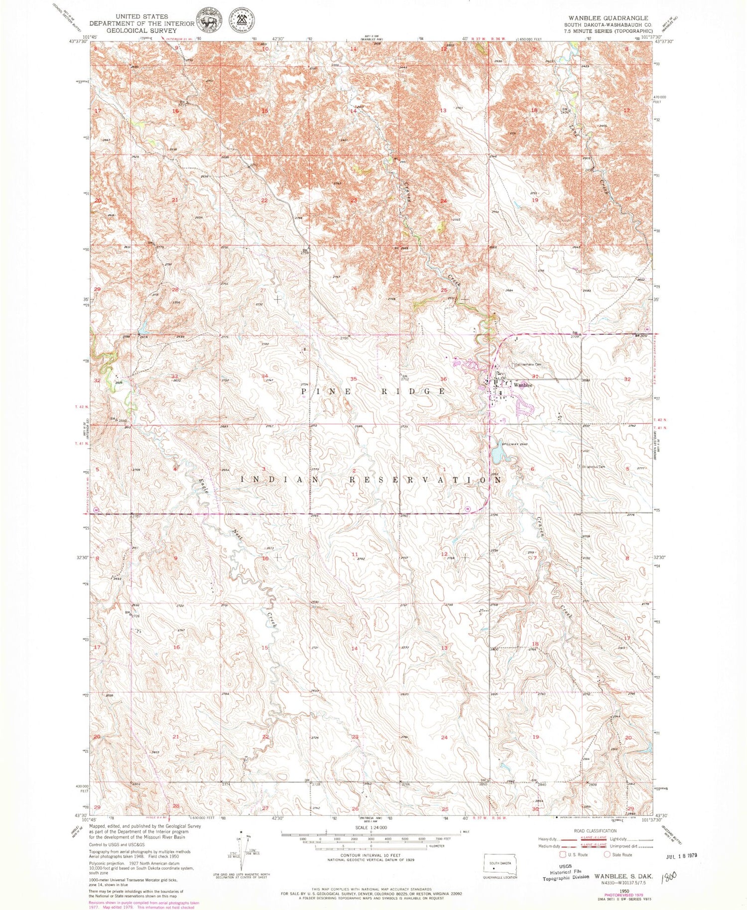 Classic USGS Wanblee South Dakota 7.5'x7.5' Topo Map Image