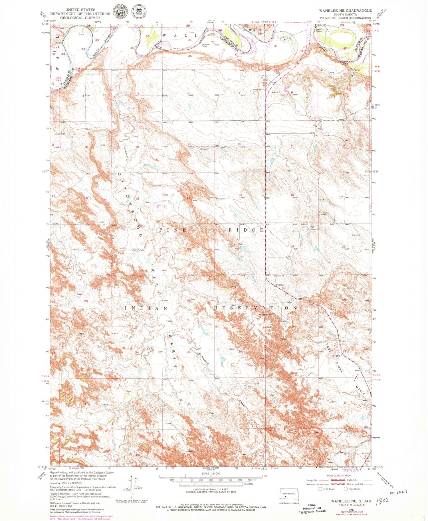 Classic USGS Wanblee NE South Dakota 7.5'x7.5' Topo Map Image