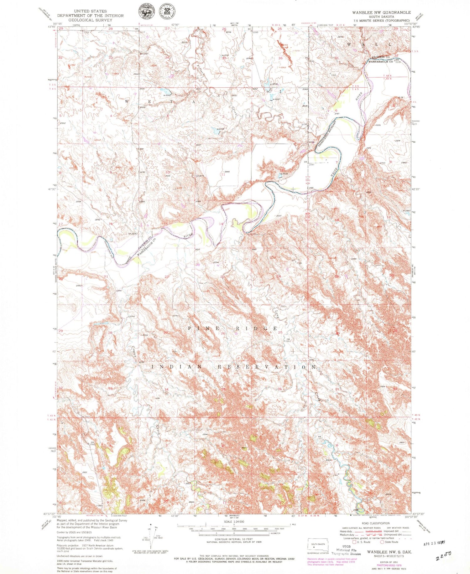 Classic USGS Wanblee NW South Dakota 7.5'x7.5' Topo Map Image