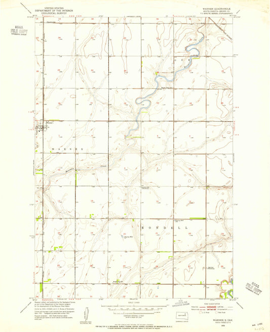 Classic USGS Warner South Dakota 7.5'x7.5' Topo Map Image