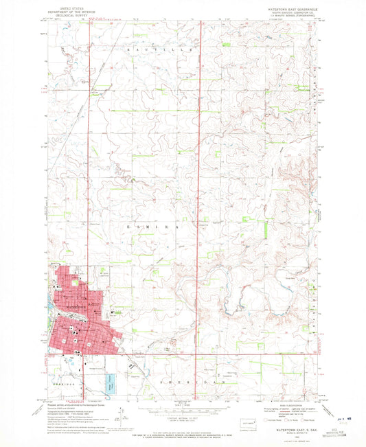 Classic USGS Watertown East South Dakota 7.5'x7.5' Topo Map Image