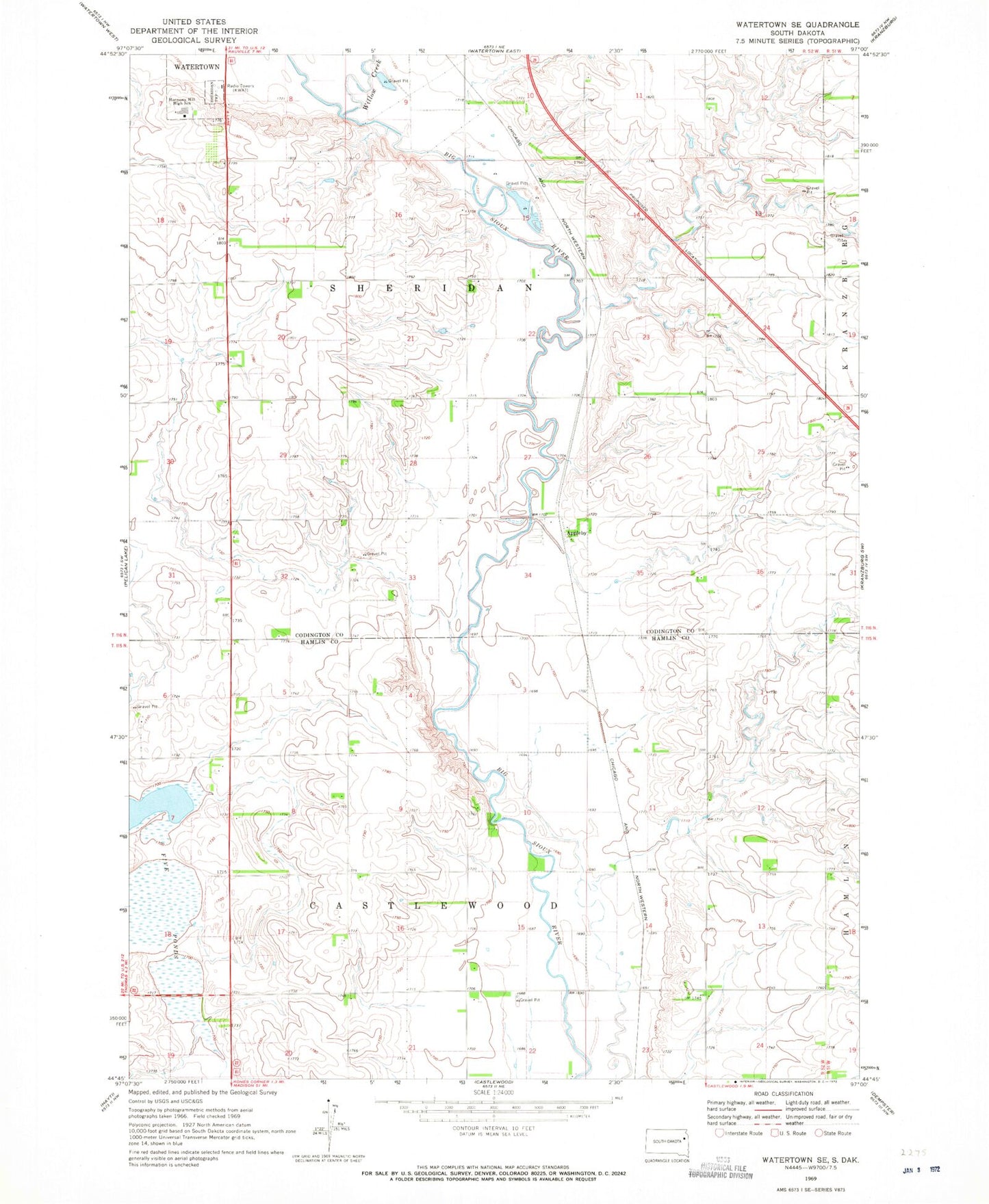 Classic USGS Watertown SE South Dakota 7.5'x7.5' Topo Map Image