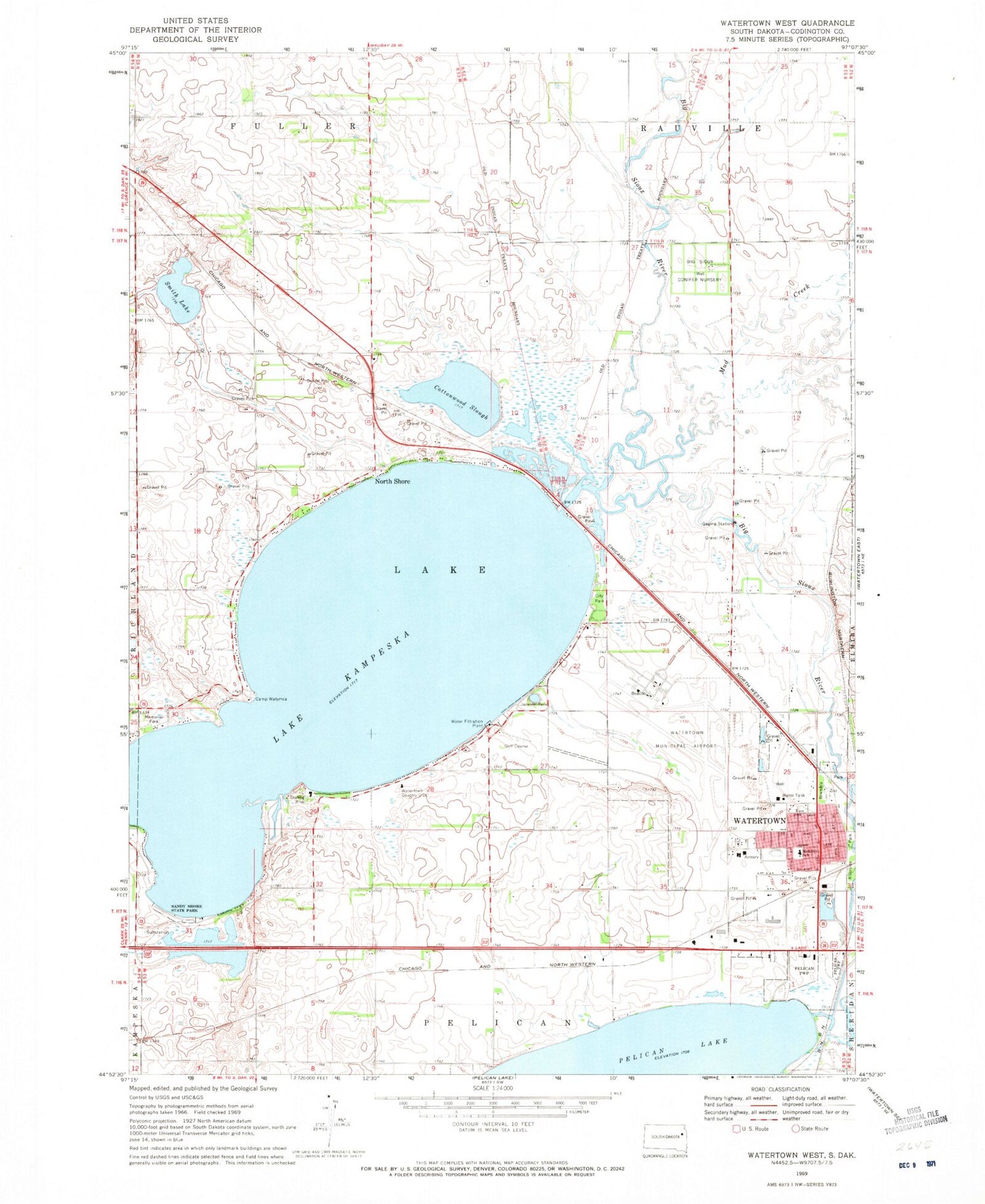 Classic USGS Watertown West South Dakota 7.5'x7.5' Topo Map Image