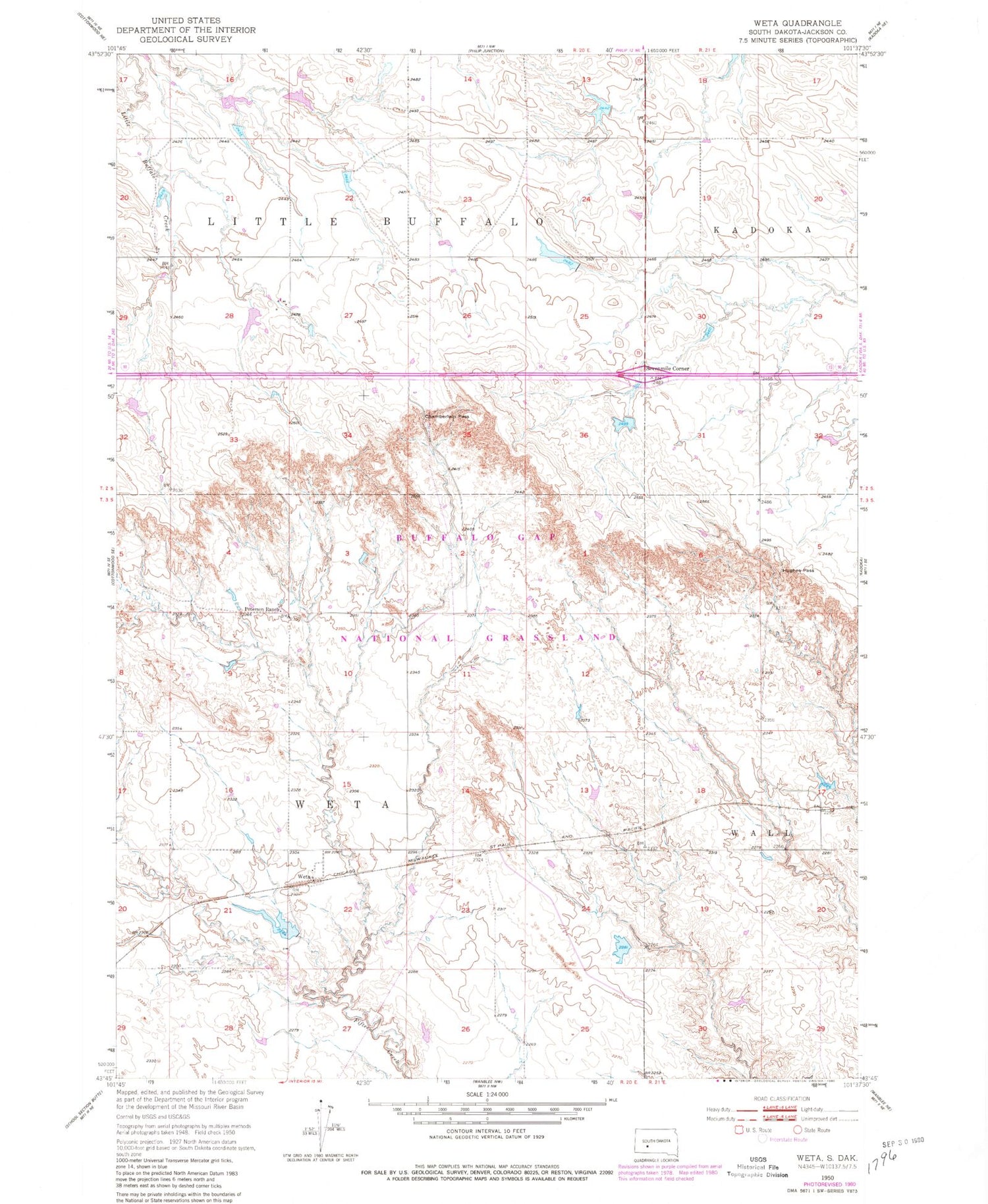 Classic USGS Weta South Dakota 7.5'x7.5' Topo Map Image