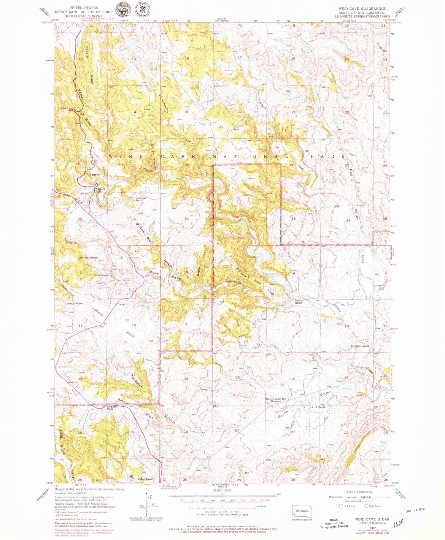 Classic USGS Wind Cave South Dakota 7.5'x7.5' Topo Map Image