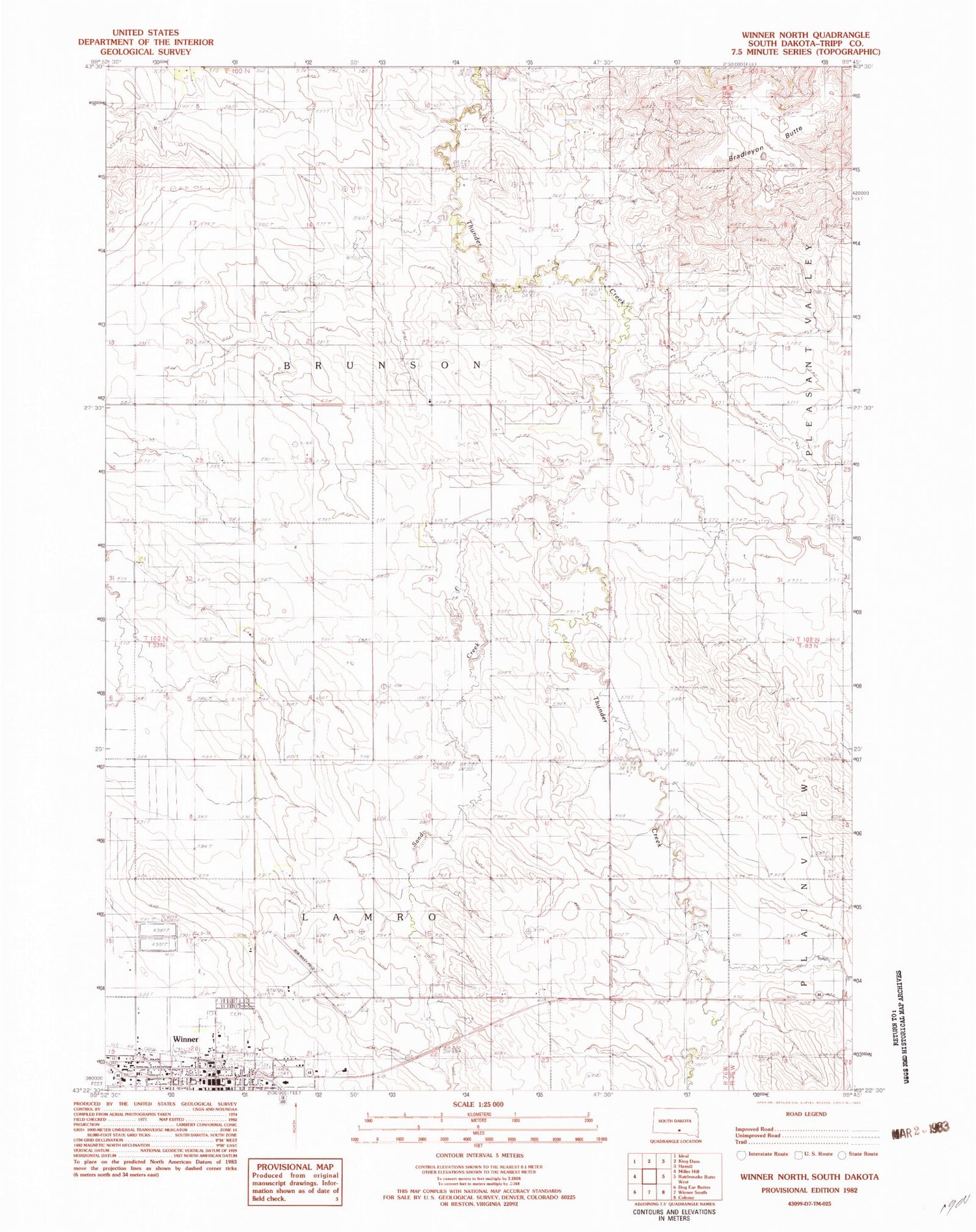 Classic USGS Winner North South Dakota 7.5'x7.5' Topo Map Image