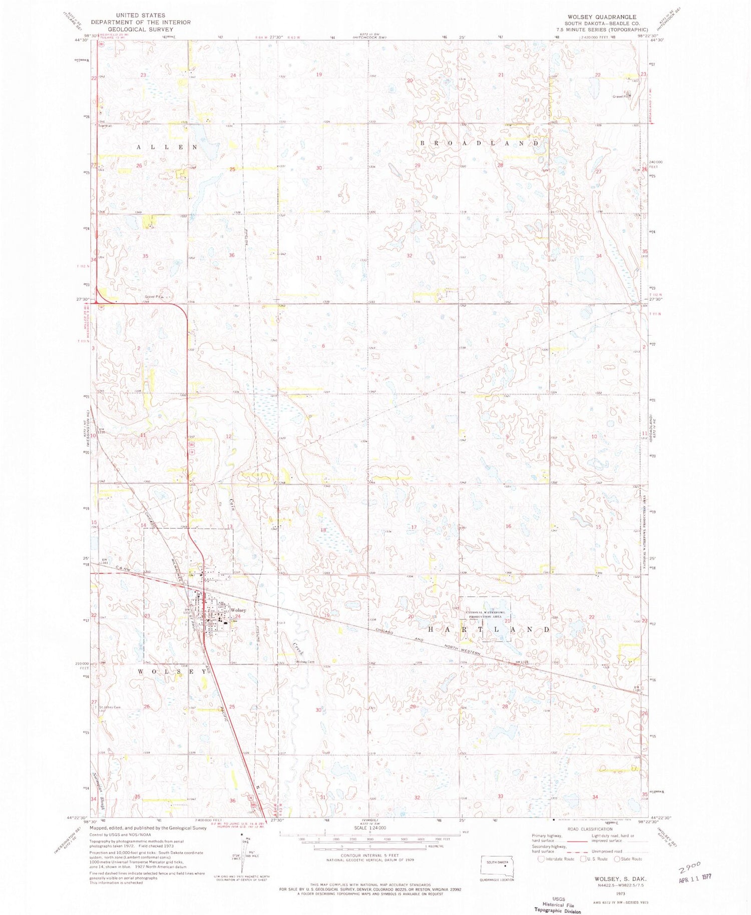 Classic USGS Wolsey South Dakota 7.5'x7.5' Topo Map Image