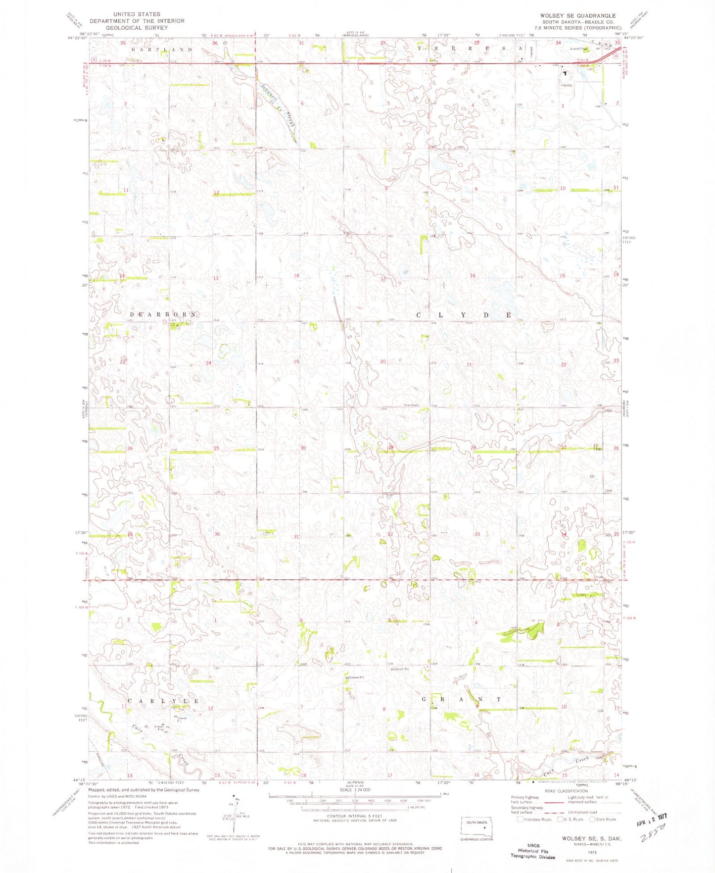 Classic USGS Wolsey SE South Dakota 7.5'x7.5' Topo Map Image