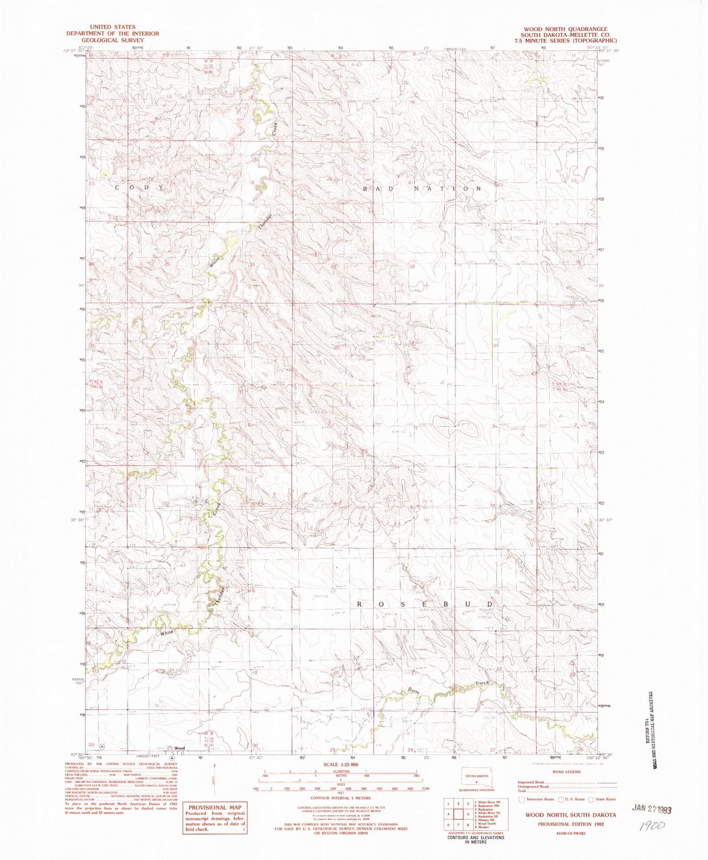 Classic USGS Wood North South Dakota 7.5'x7.5' Topo Map Image