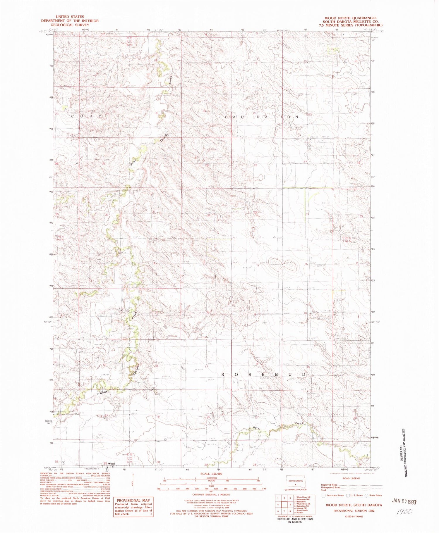 Classic USGS Wood North South Dakota 7.5'x7.5' Topo Map Image